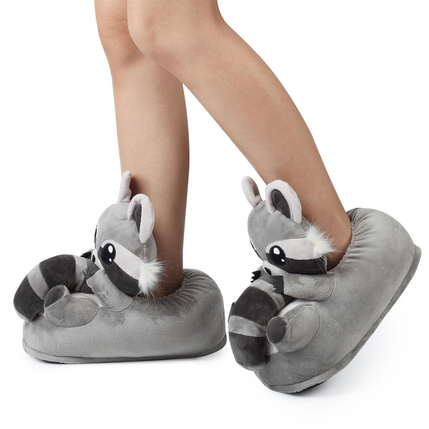 Corimori Tier Pantoffeln für Erwachsene Einheitsgröße 34-44 Plüsch Hausschuhe (Packung, Geschenk) EU Einheitsgröße 34-44, Waschbär Lina, für Kinder und Erwachse – Bild 4 von 5