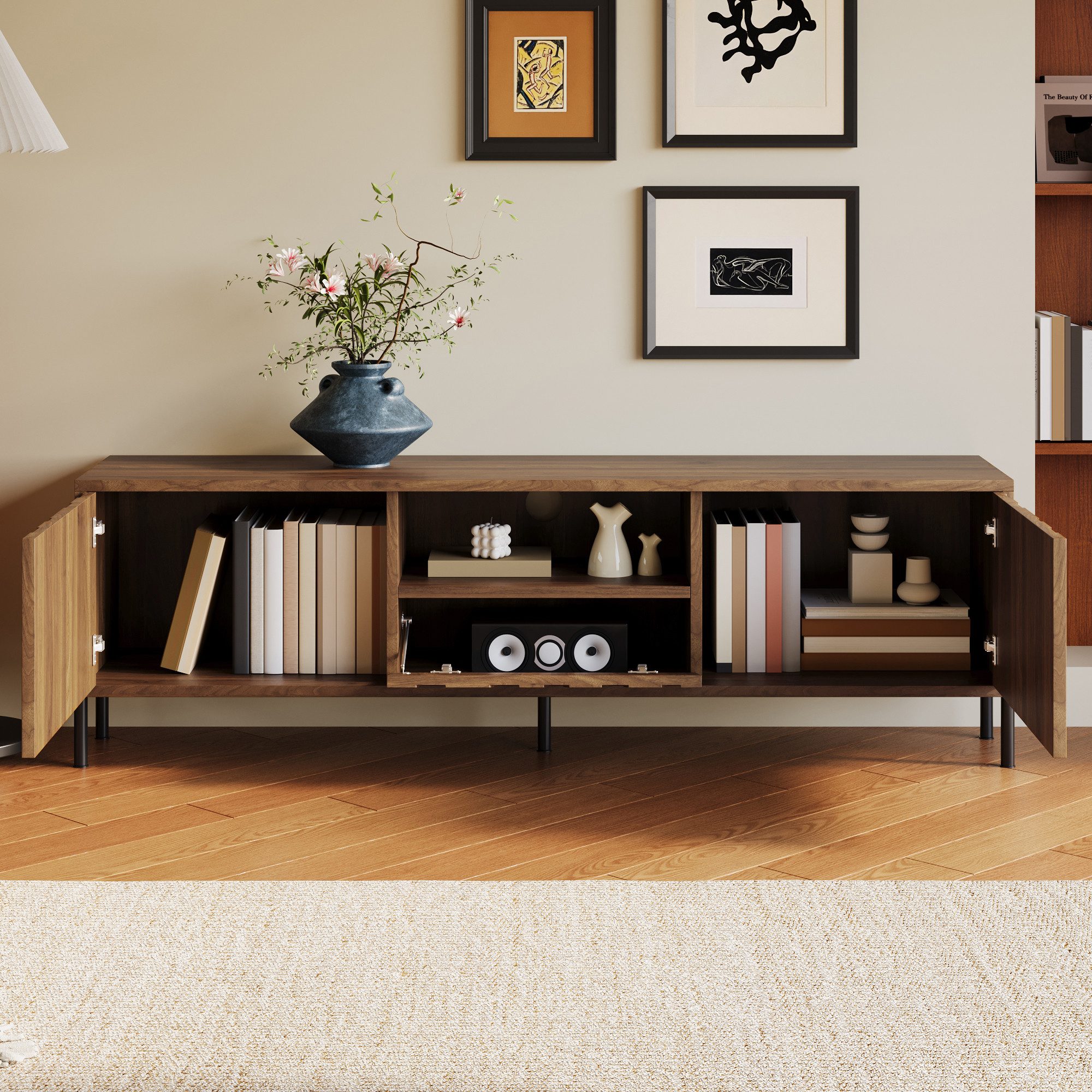 STILVORA Wohnzimmer-Set mit Doppeltüren,Niedriger Schrank Lowboard mit Regal&Klapptüren, (Packung, 1-St., Drei Türen, vier Fächer und vier eiserne Beine), Vorgebohrte Kabeldurchführungen,wellenförmige Schranktüren