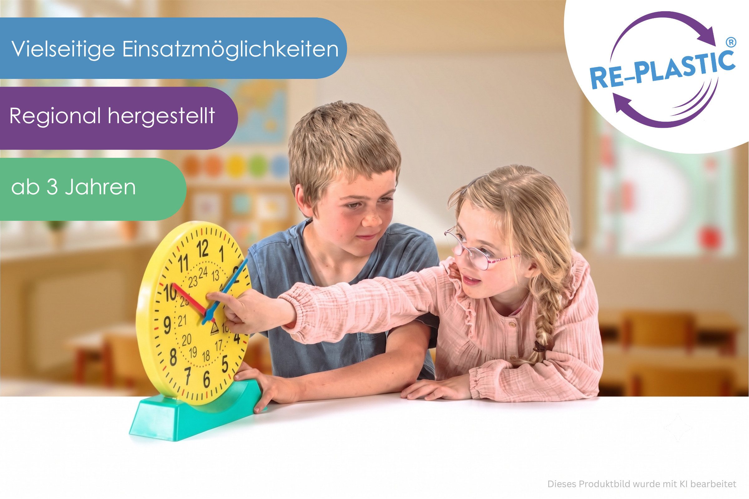 Wissner® aktiv lernen Lernspielzeug Lernuhr Standfuß, Uhrzeit lernen synchrones Uhrwerk RE-Plastic®, RE-Plastic®