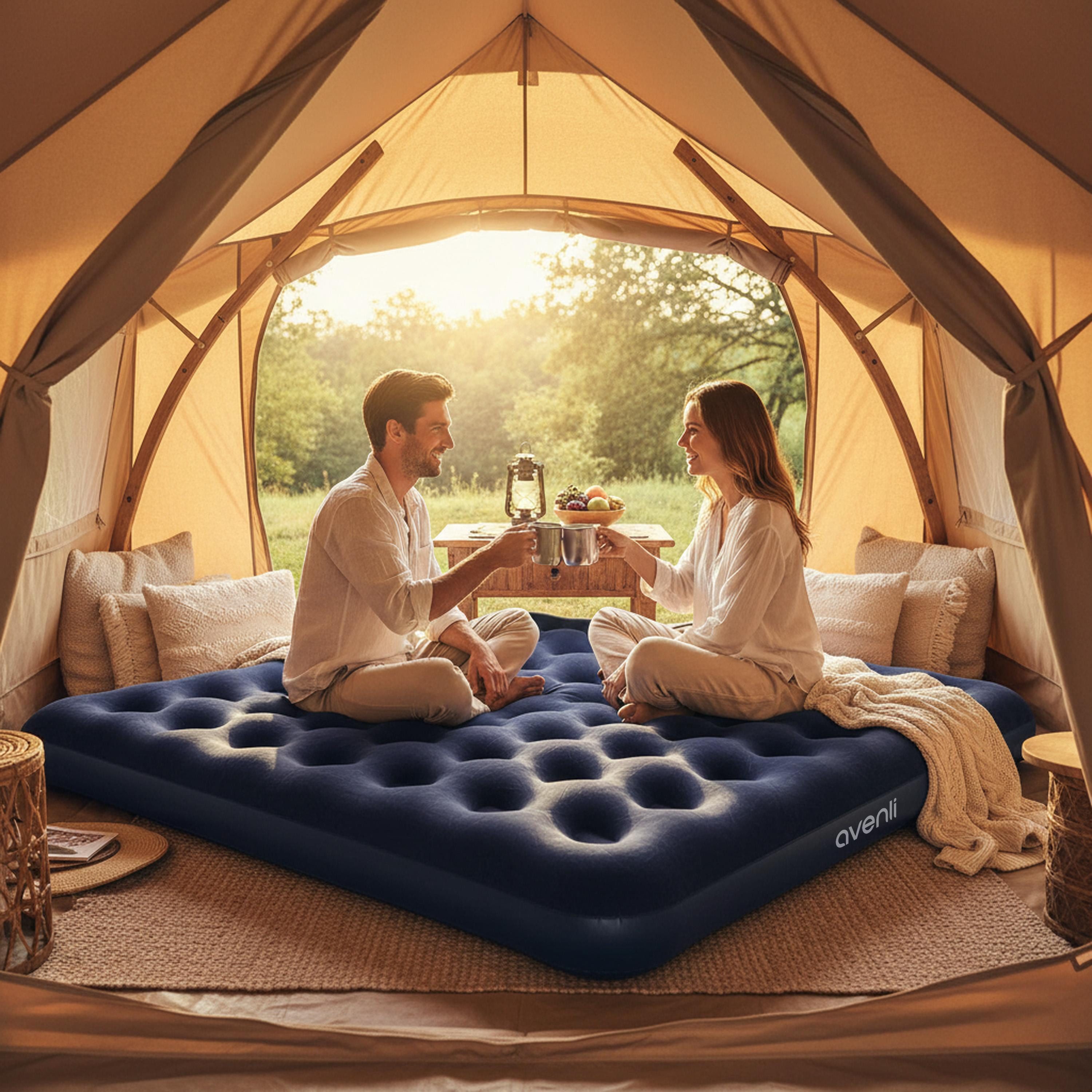 Avenli Luftbett Luftmatratze Camping für 2-3 Personen blau 203x183x22cm King-Size, (Gästebett aufblasbar Ideal als Reisebett oder Isomatte, 1-tlg., Campingmatratze ohne Pumpe), für Indoor und Outdoor mit beflockter Oberfläche