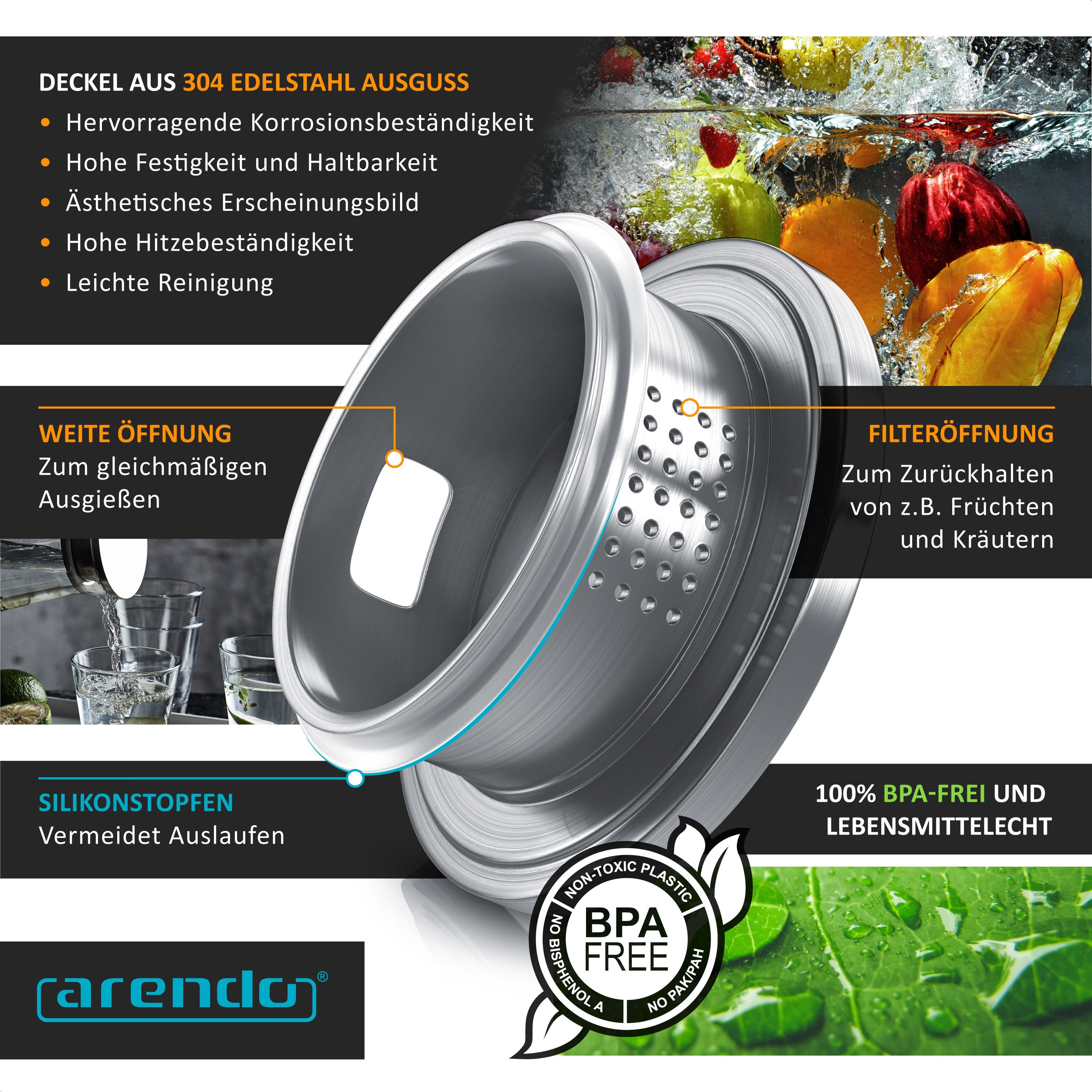 Arendo Karaffe Glaskaraffe 1,8 Liter mit Deckel aus lebensmittelechtem Edelstahl, (Packung, 1x Glaskaraffe mit Edelstahldeckel), Borosilikatglas, 1800 ml, Sieb, hitze- und kältebeständig, BPA-frei