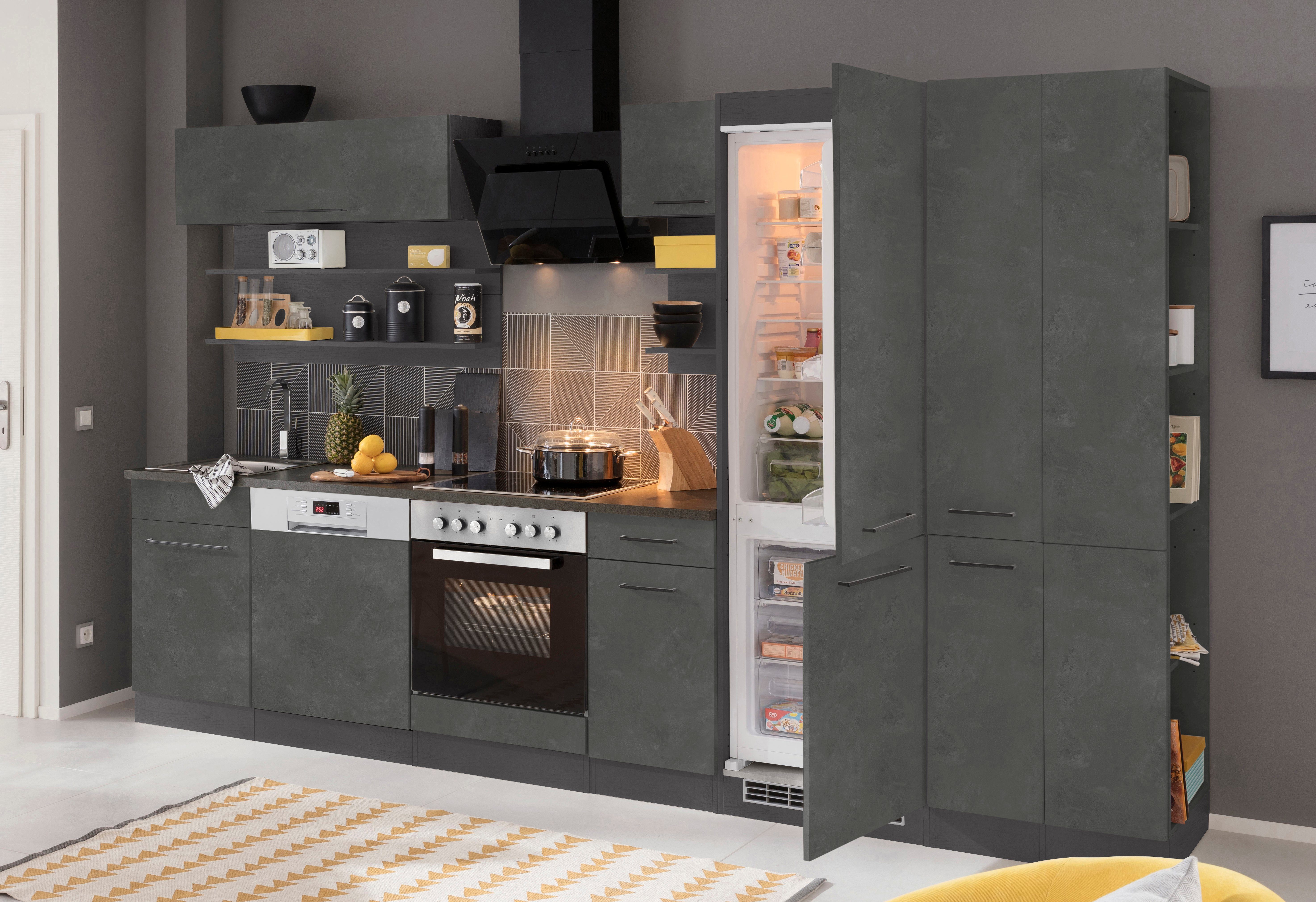 KOCHSTATION Küchenzeile KS-Tulsa, ohne E-Geräte, Breite 300 cm, schwarze Metallgriffe, MDF Fronten