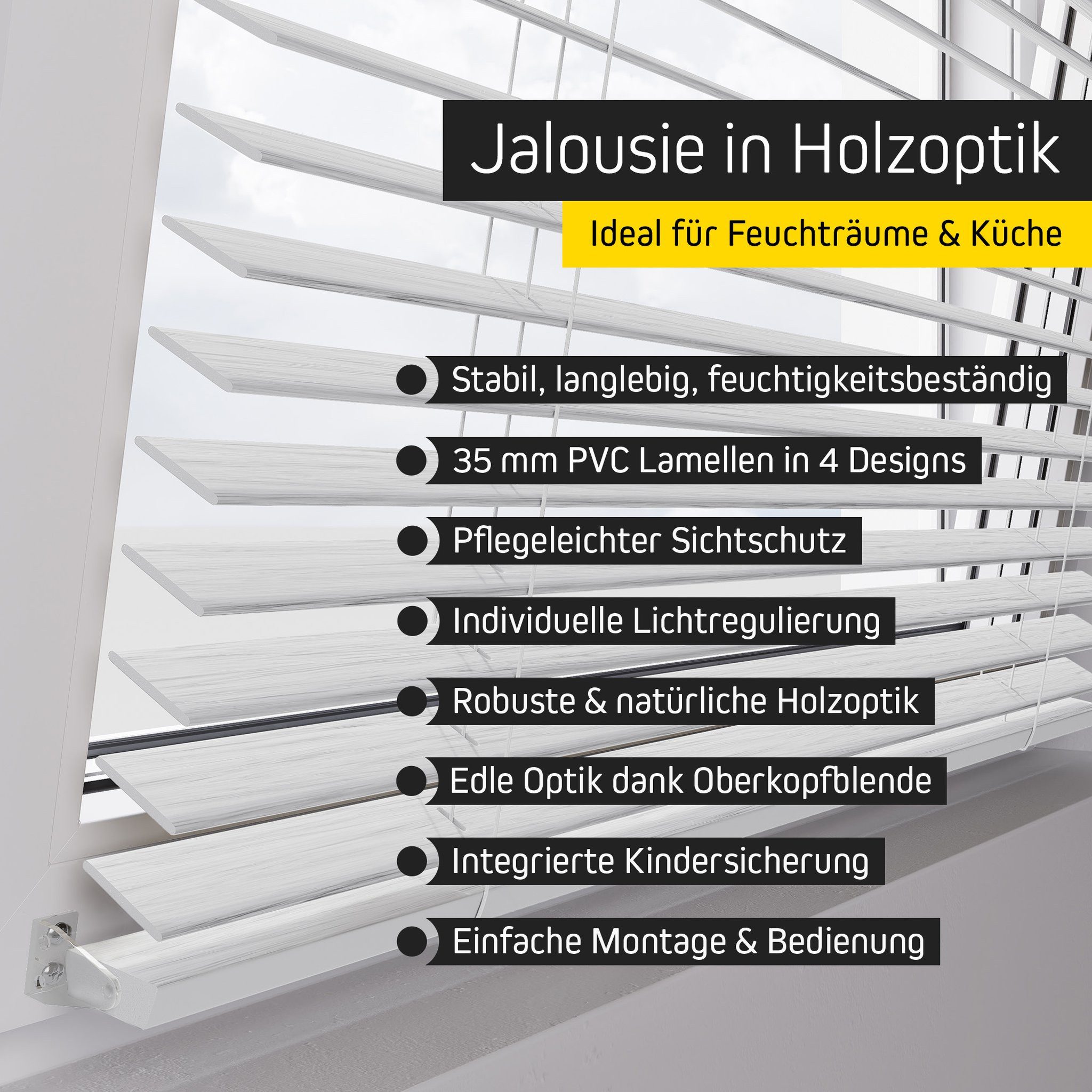 Victoria M. Jalousie KAYA Jalousie in Holzoptik 35 mm, 100x130 cm, weiß, mit Bohrenohne Bohren, freihängend, 35 mm, Individuelle Lichtregulierung