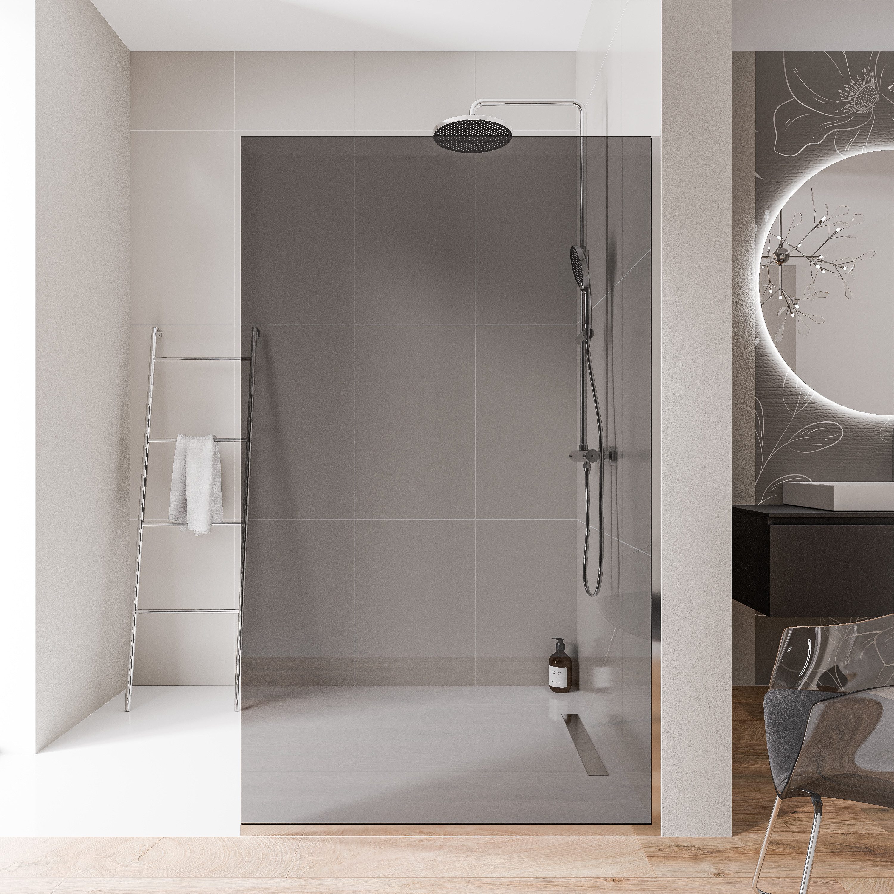 Bernstein Walk-in-Dusche EX102, Einscheibensicherheitsglas (ESG), (1 tlg., Mit Bodenprofil), Graues Glas, 10 mm, Mit Bodenprofil, Profil Chrom