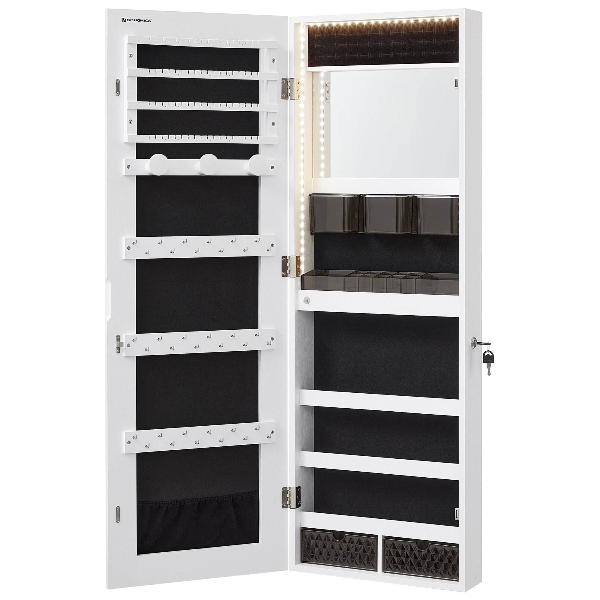 SONGMICS Schmuckschrank Spiegelschrank, Wandmontage, Organizer mit LED-Lichtern, abschließbar mit rahmenlosem Spiegel, integrierter Schminkspiegel, 2 Schubladen