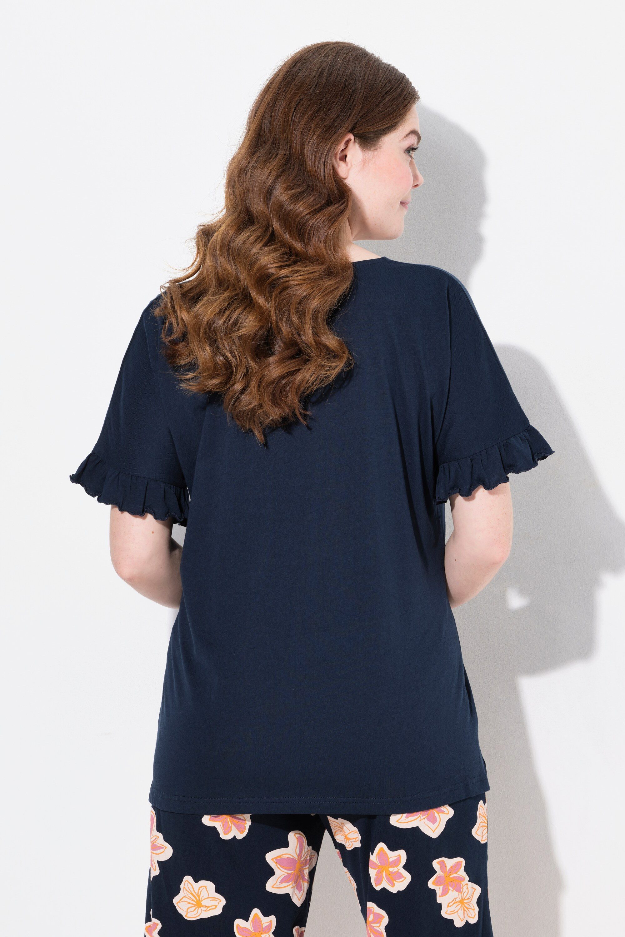 Ulla Popken Pyjama Pyjamashirt V-Ausschnitt Flügelarm Biobaumwolle