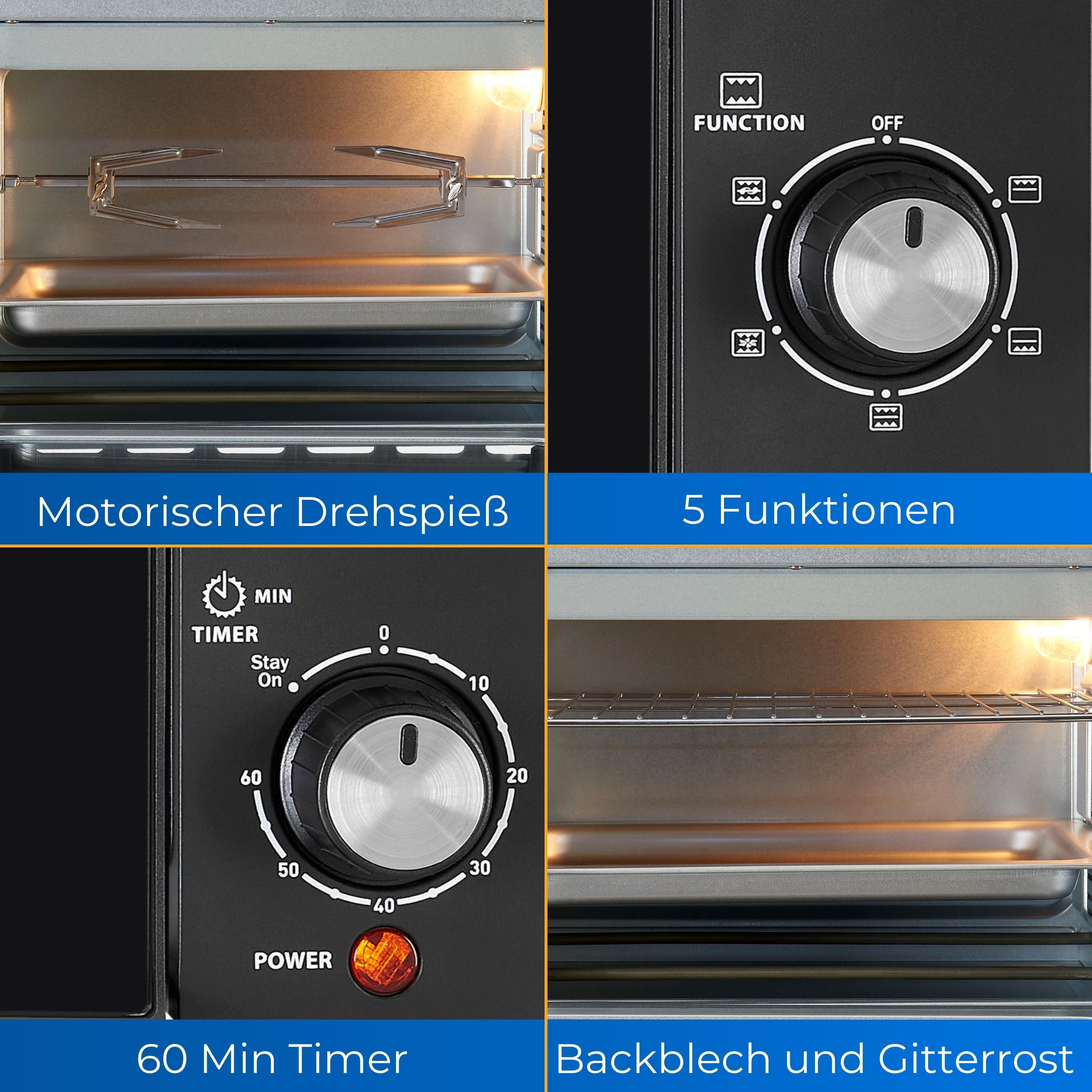 exquisit Minibackofen MO 3302 sw, 1500 Watt Minibackofen, inkl. Timer und motorischer Drehspieß