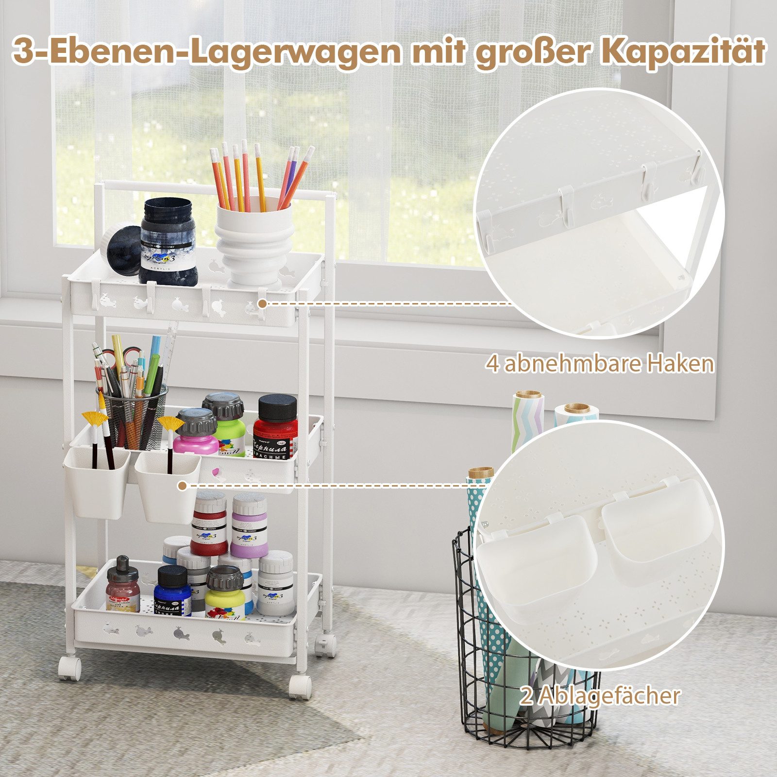 KOMFOTTEU Druckertisch, 3-Ebenen Rollwagen mit Universalrädern