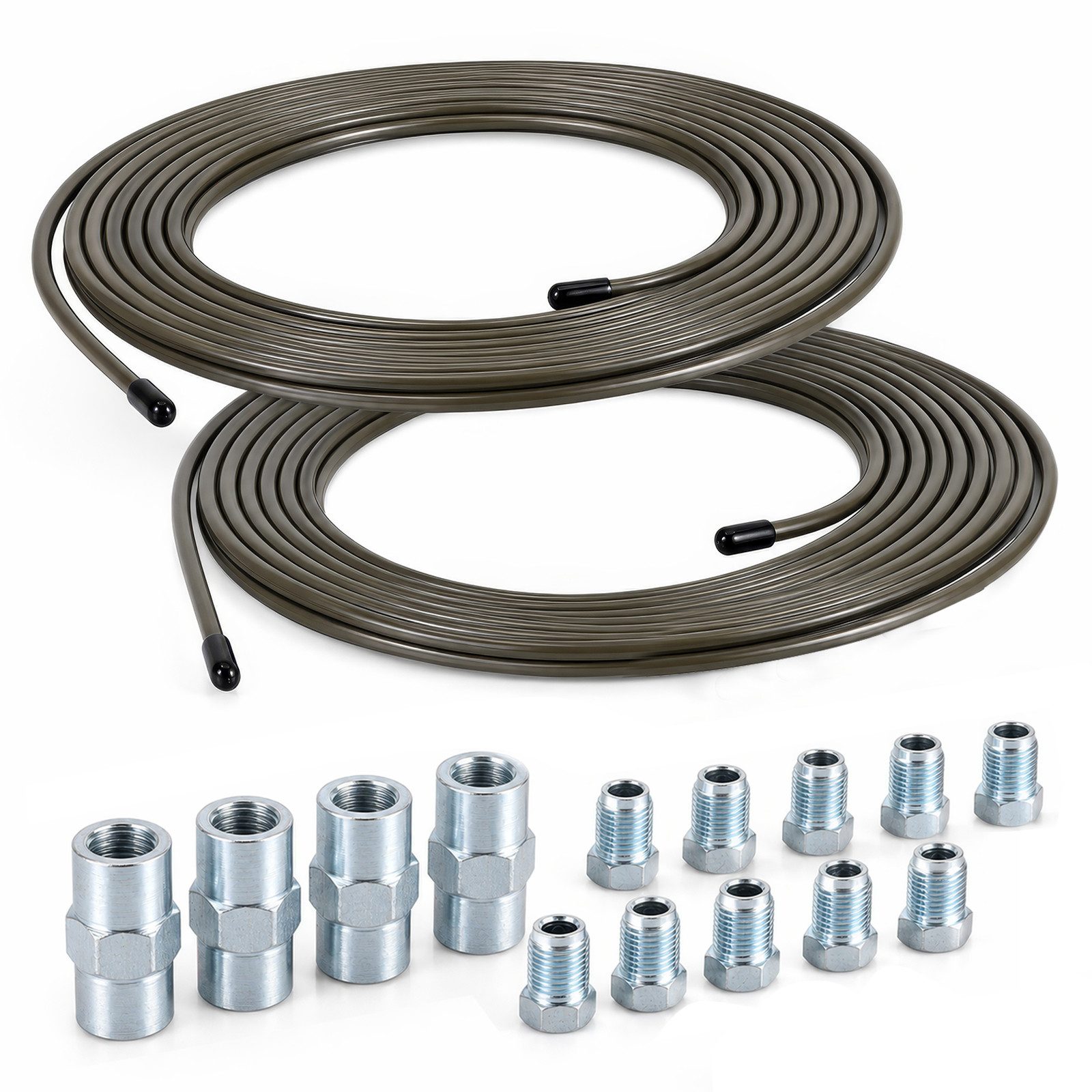 BlingBin Kupferrohr 2x 5m verkupfertes Stahl-Bremsrohr Ø4,75mm Set, (2er Set), mit 10 Verschraubungen und 4 Verbindern, für PKW, Auto und Motorrad