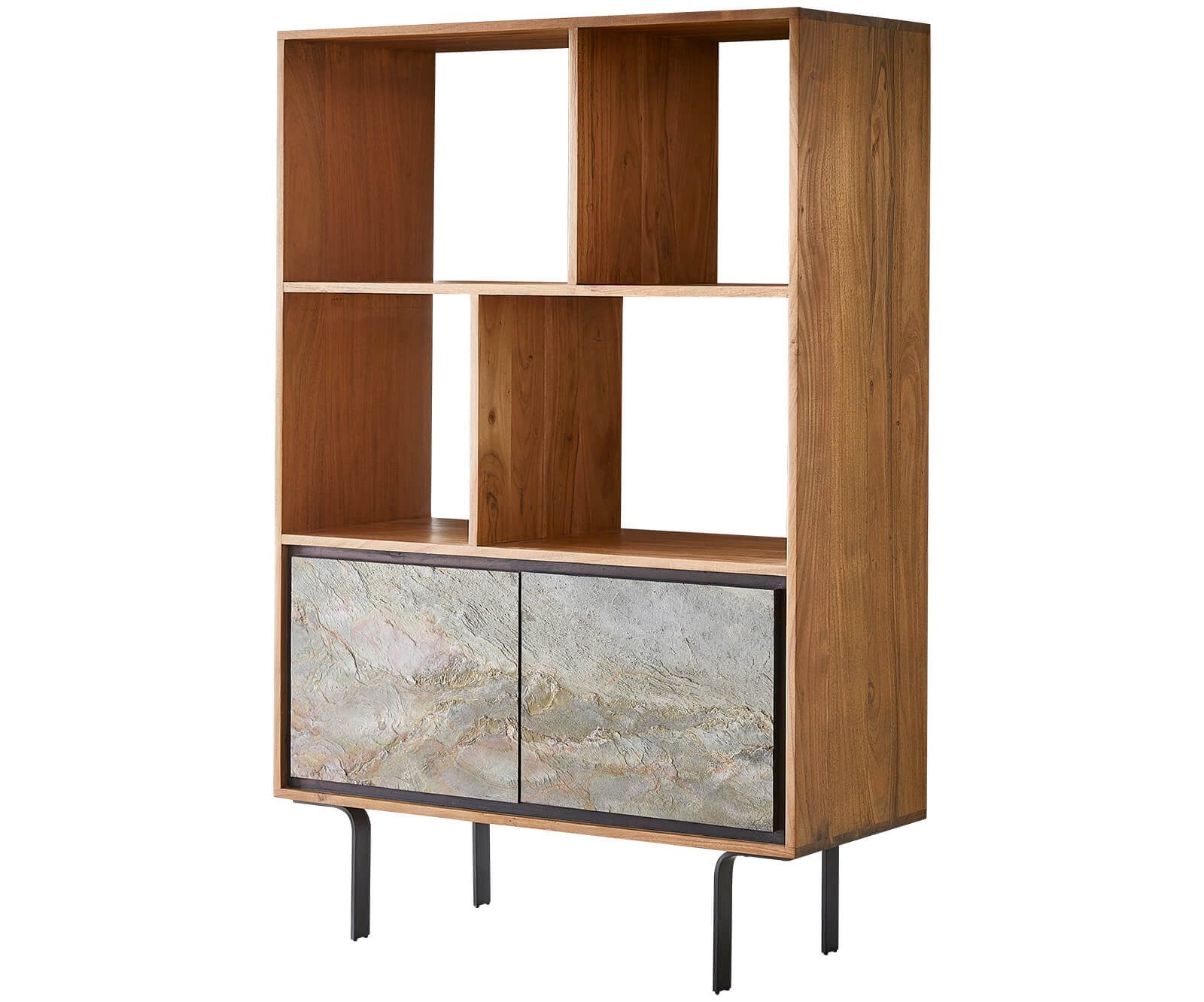 DELIFE Highboard Juwelo, 88 cm Akazie Natur Stein Beine Schwarz