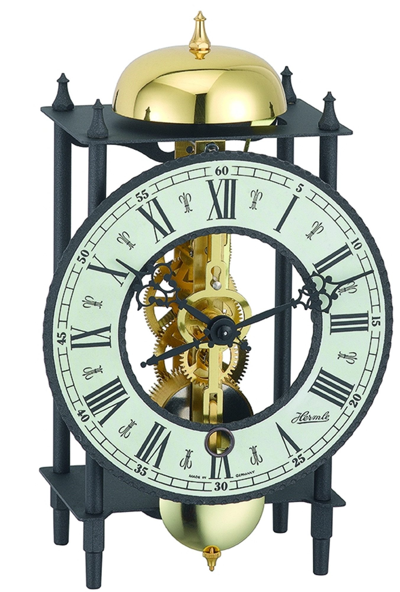 Hermle Pendeltischuhr mechanisch mit Stabpendelwerk mit Stundenschlag auf Glocke offenes, sichtbares Uhrwerk