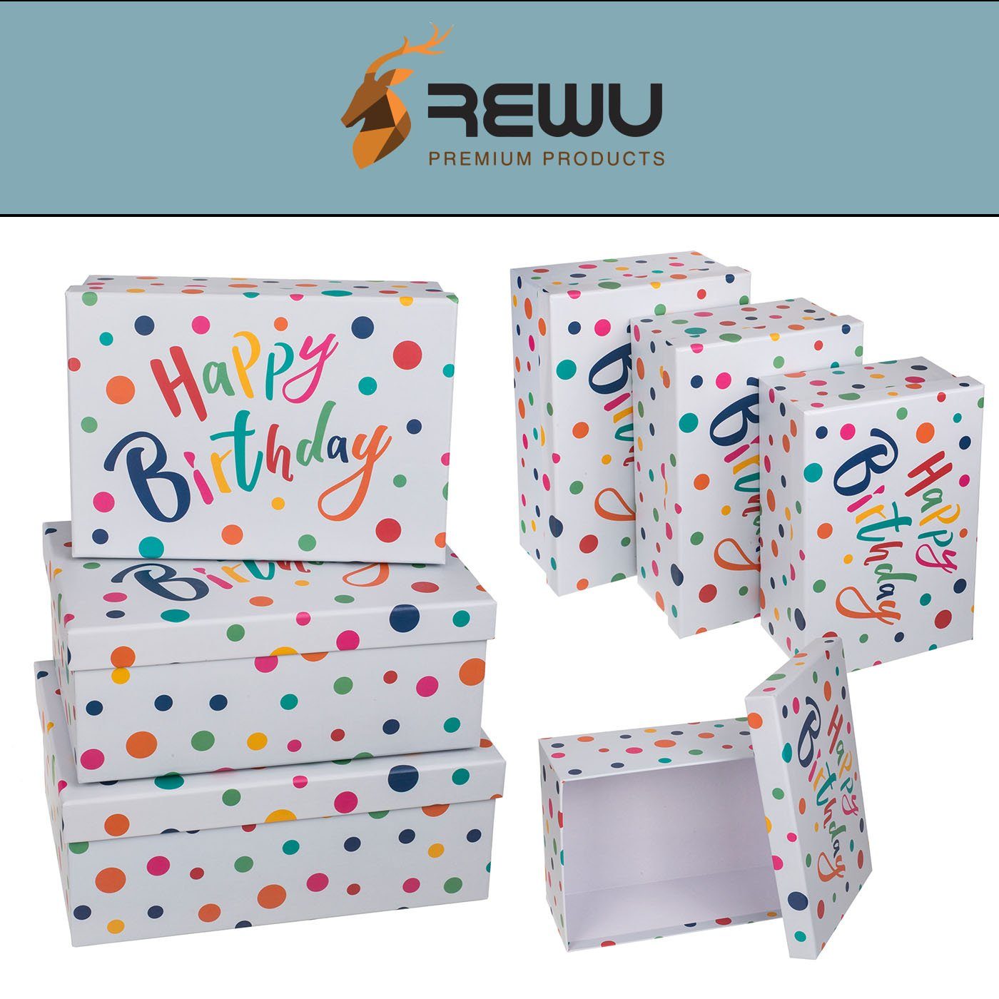 Set Geschenkpapier Punkten mit Happy Geschenk Birthday bunten Kartonschachtel 3er ReWu