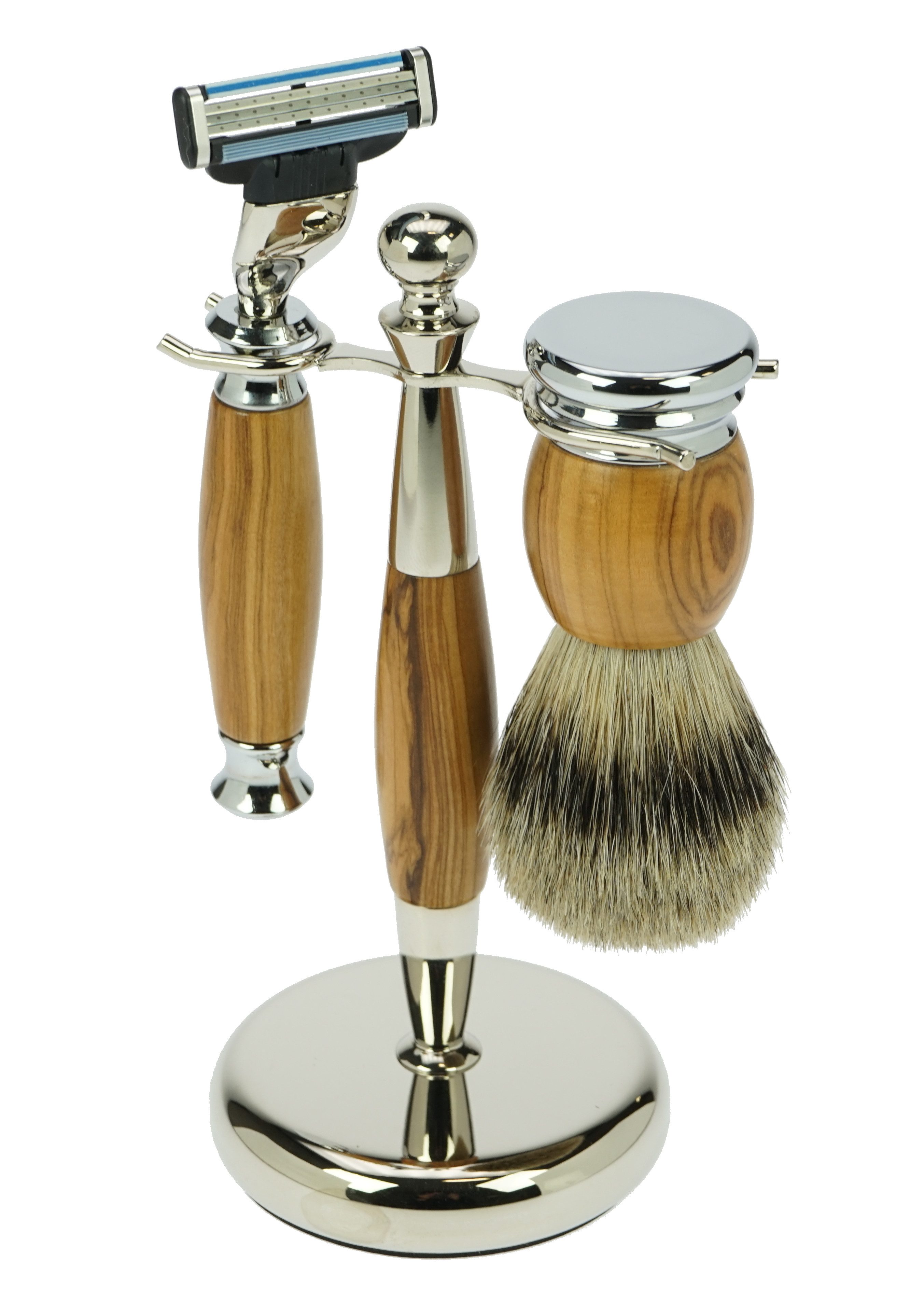 Rasierset Rasier-Set Chrom, Olivenholz/Metall, Pinsel Silberspitz, Rasierer