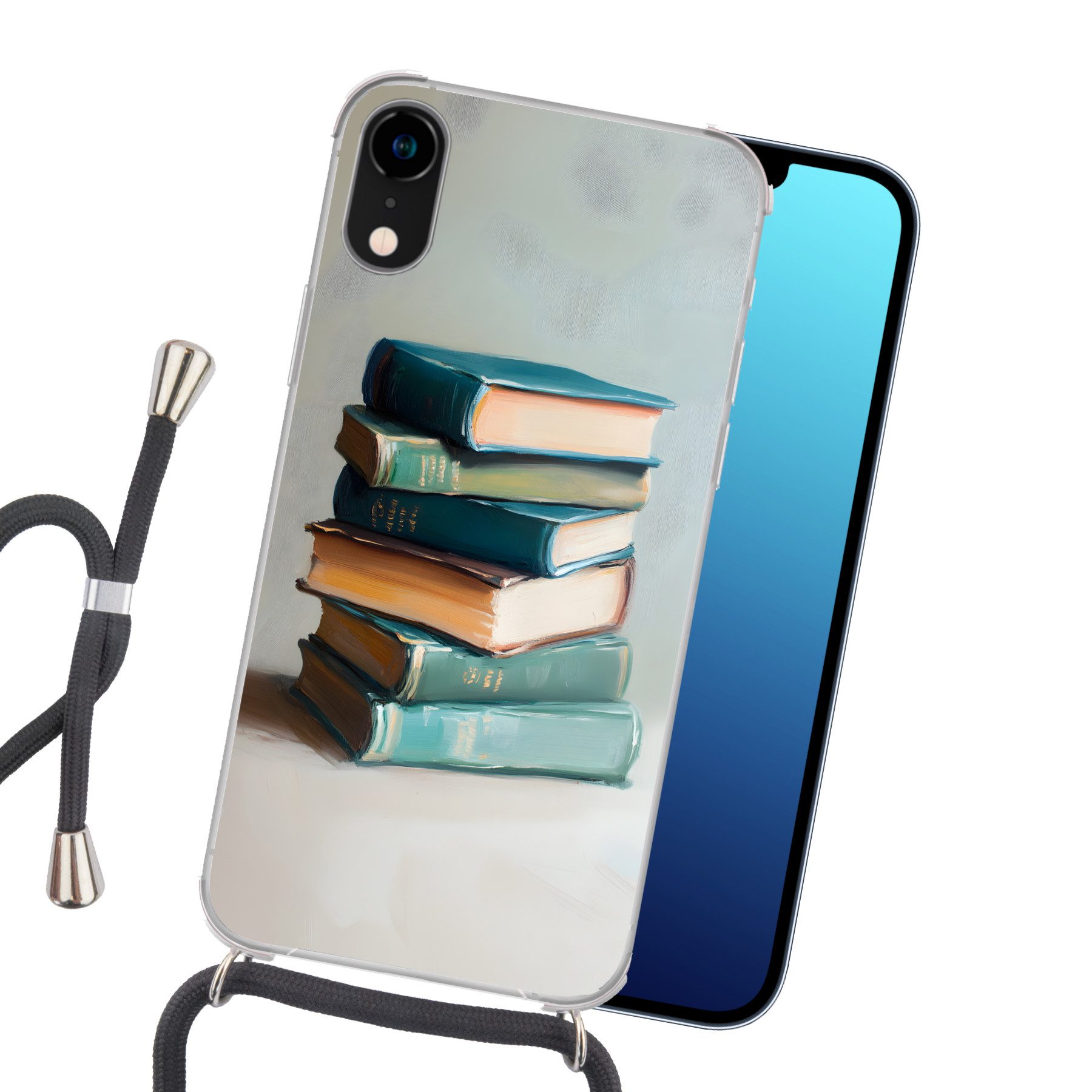 MuchoWow Handyhülle für Apple iPhone XR Stapel - Bücher - Grün - Tageslicht, Tragbare Handyhüllen mit Kette zum umhängen, Handykette Handyband