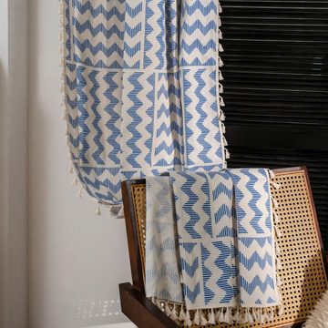Vorhang Vorhang Vorhang blau gewellt geometrischer Druck Quaste, AUKUU, kleines Fenster Küchenvorhang Baumwolle und Leinen