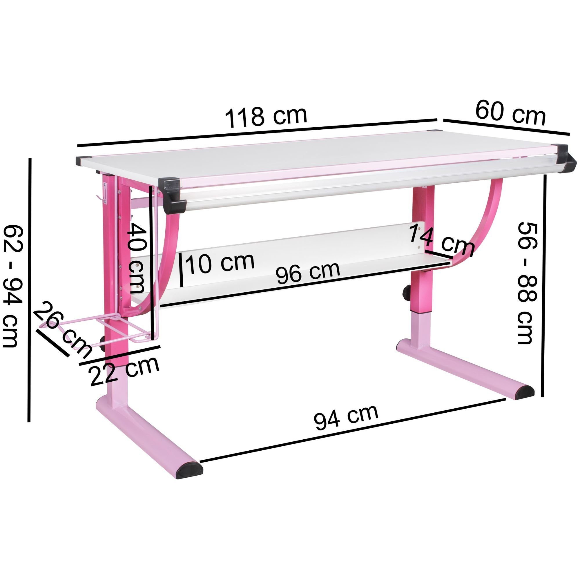 FINEBUY Kinderschreibtisch SuVa6799_1 (Kinderschreibtisch Neigungsverstellbar x Schülerschreibtisch Rosa Modern Rosa | cm 60 120 Rosa Holz Weiß), 