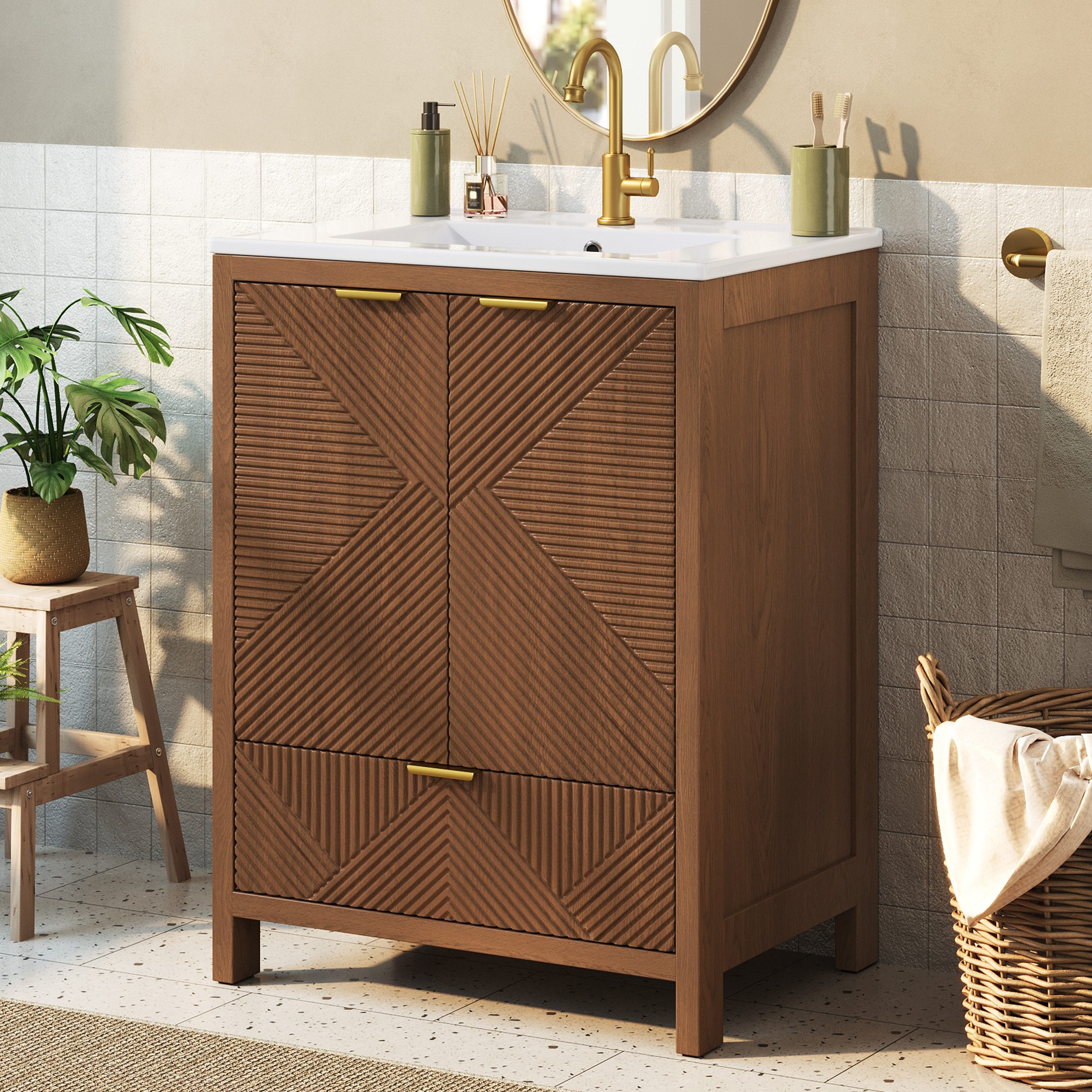 Merax Waschtisch mit Keramik-Waschbecken,freistehender Badezimmerschrank mit Soft-Close (1-St., Waschtischunterschrank 61 x 47 x 87 cm), …