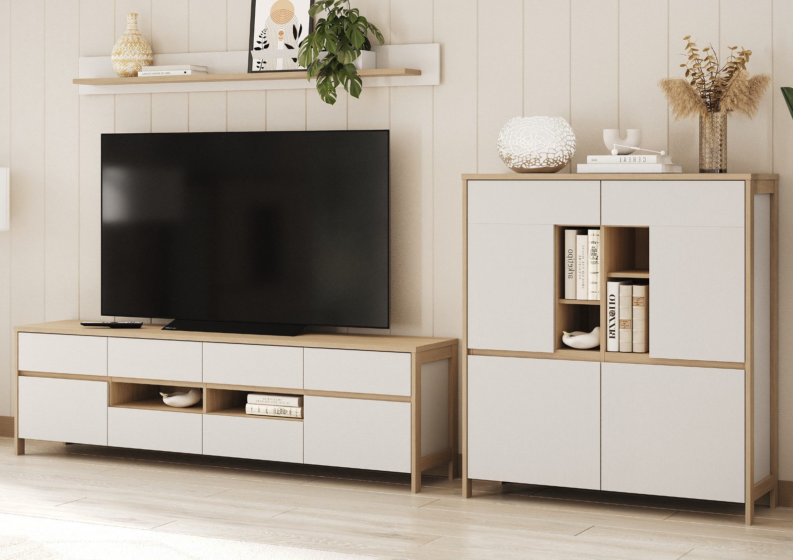 Furn.Design Wohnwand Finnes, (Wohnzimmer Set 3-teilig Eiche weiß und Eiche natur, Scandi Design, Breite 310 cm), mit viel Stauraum und Soft-Close-Funktion