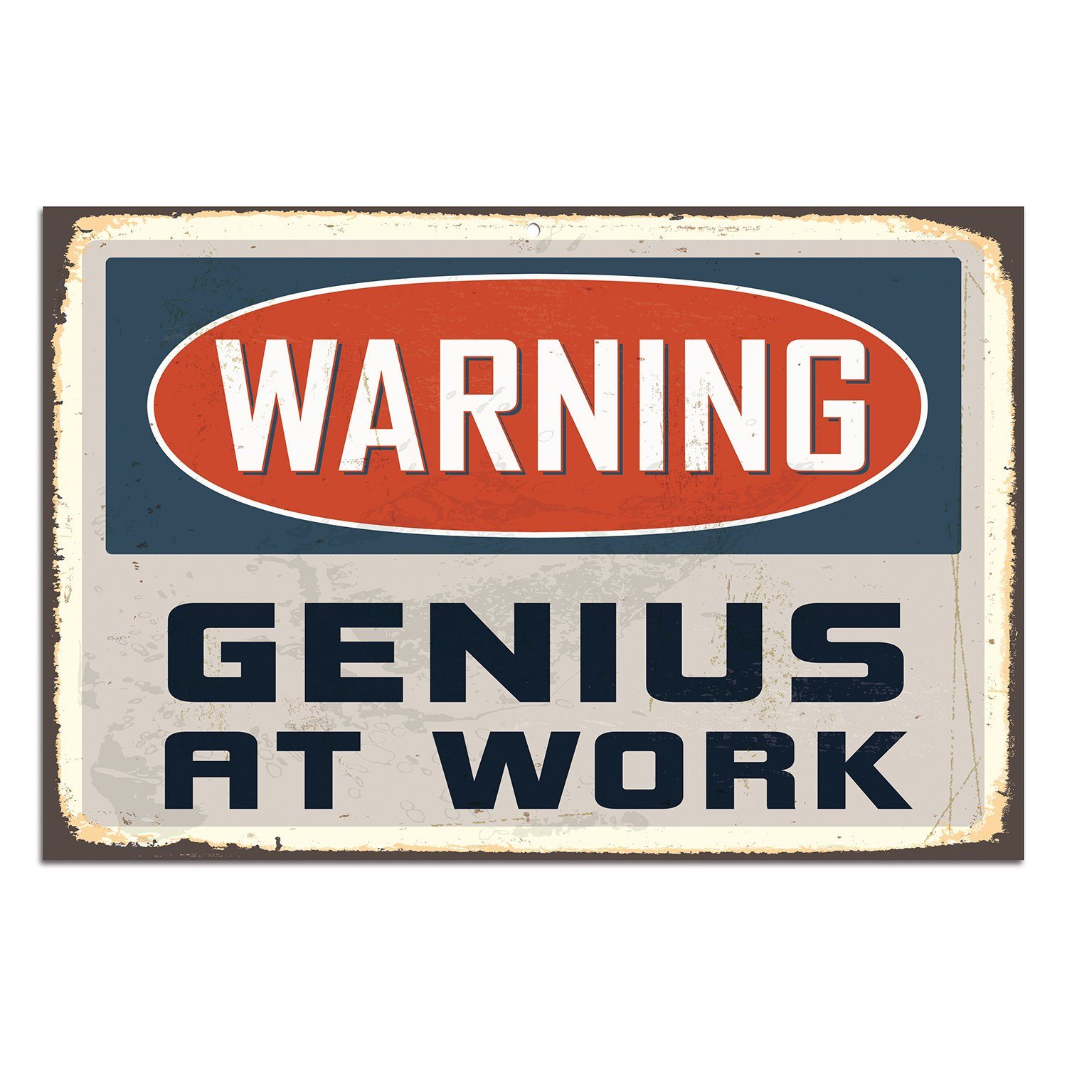 queence Metallschild Warning - Genius at work - Sprüche witzig Stahlschild, 45x30x0,1 cm