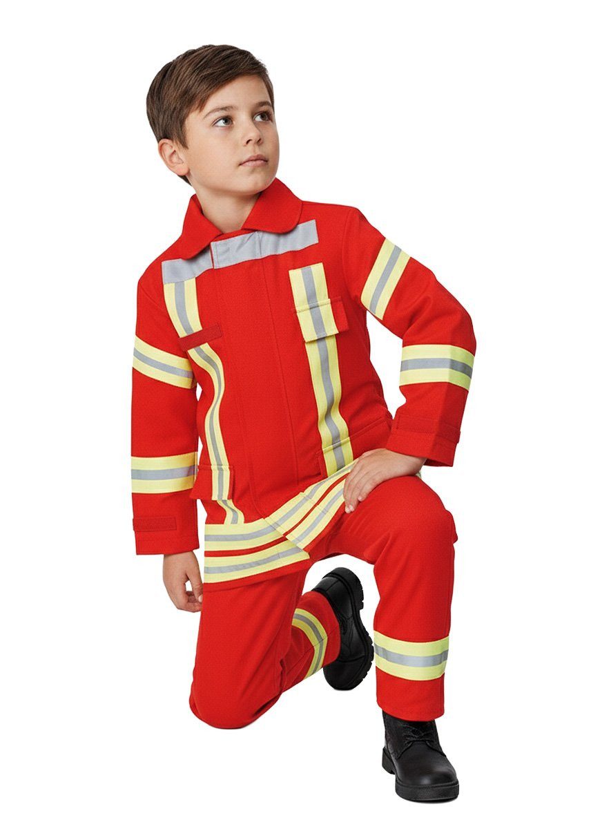 Maskworld Kostüm Feuerwehrmann rot Karneval Faschingskostüm Kinder, Rote Kinder-Uniform mit Aufdruck 'Feuerwehr'