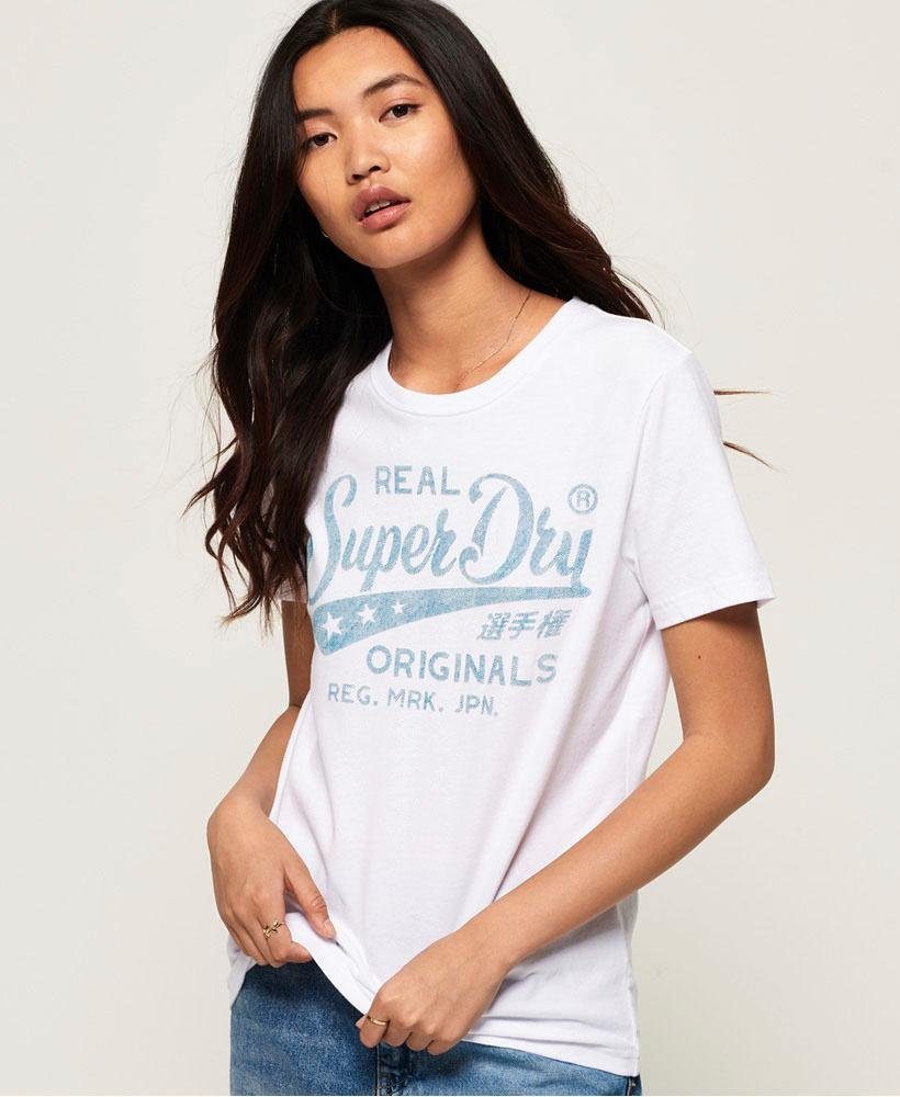 Superdry Damen Sommer V Logo Photo Tropical Infill Entry T-Shirt mit Prägung