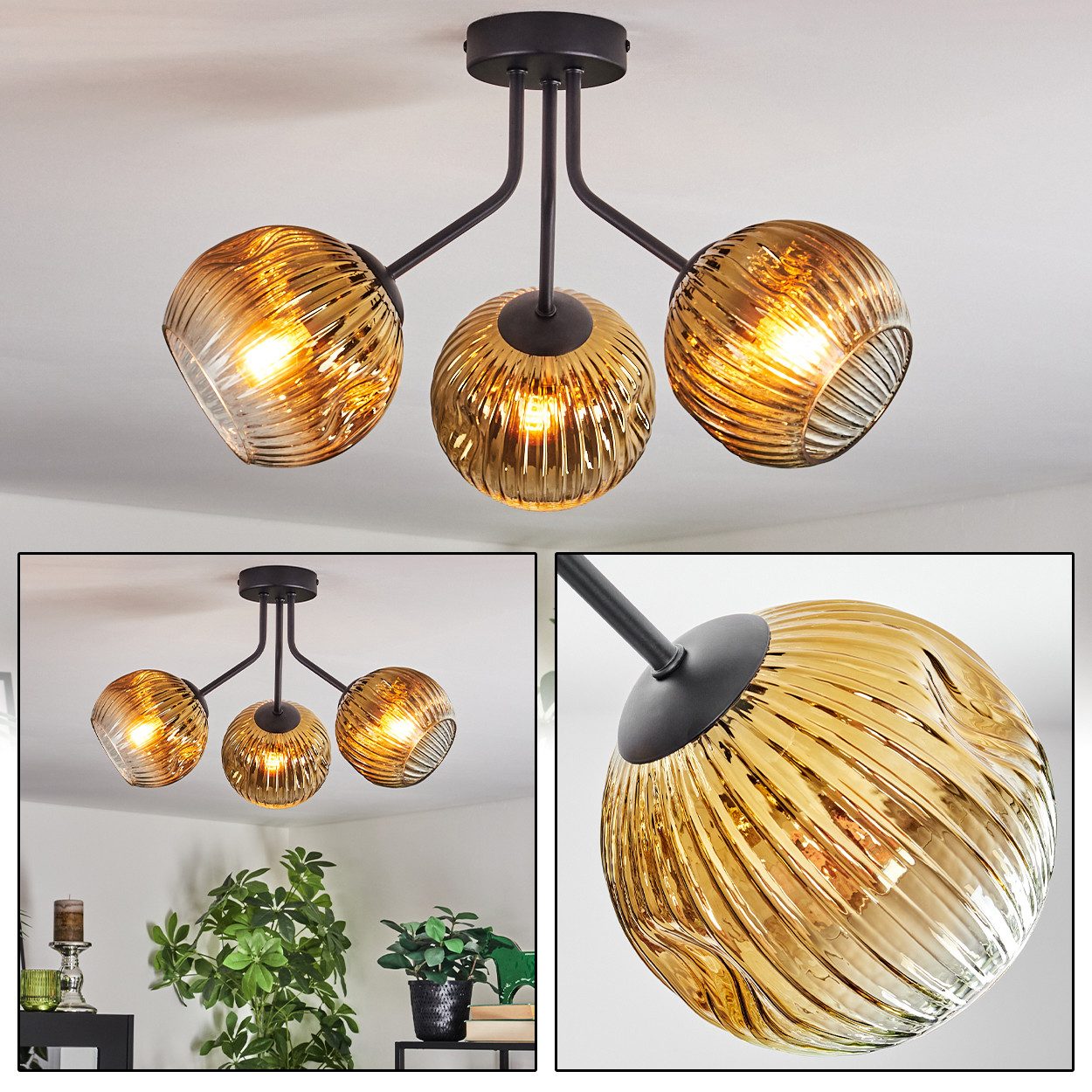 hofstein Deckenleuchte Deckenlampe aus Metall/Riffelglas in Schwarz/Goldfar günstig online kaufen