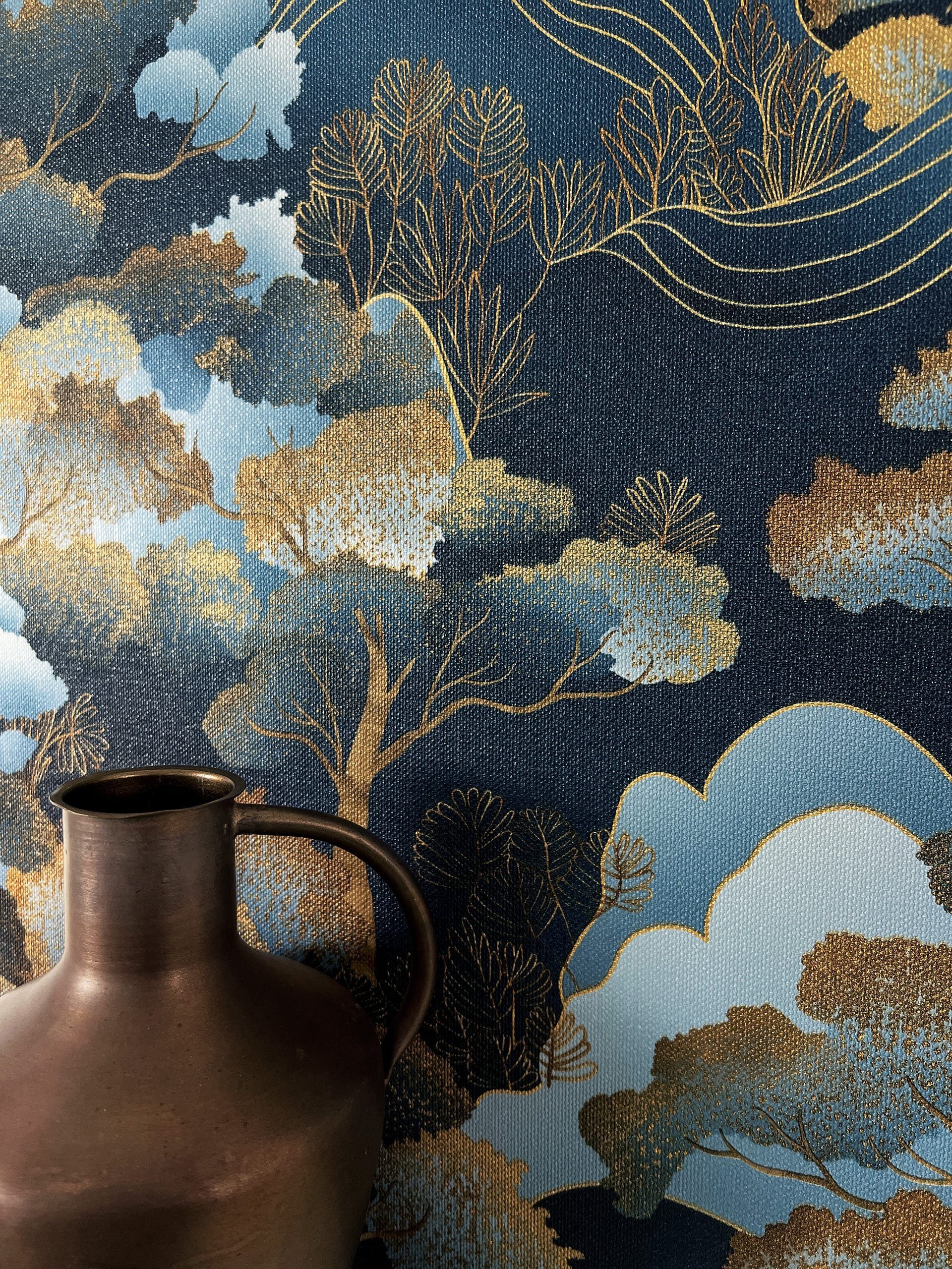 Newroom Vliestapete, Blau Tapete Modern Bäume - Mustertapete Botanisch Dunk günstig online kaufen