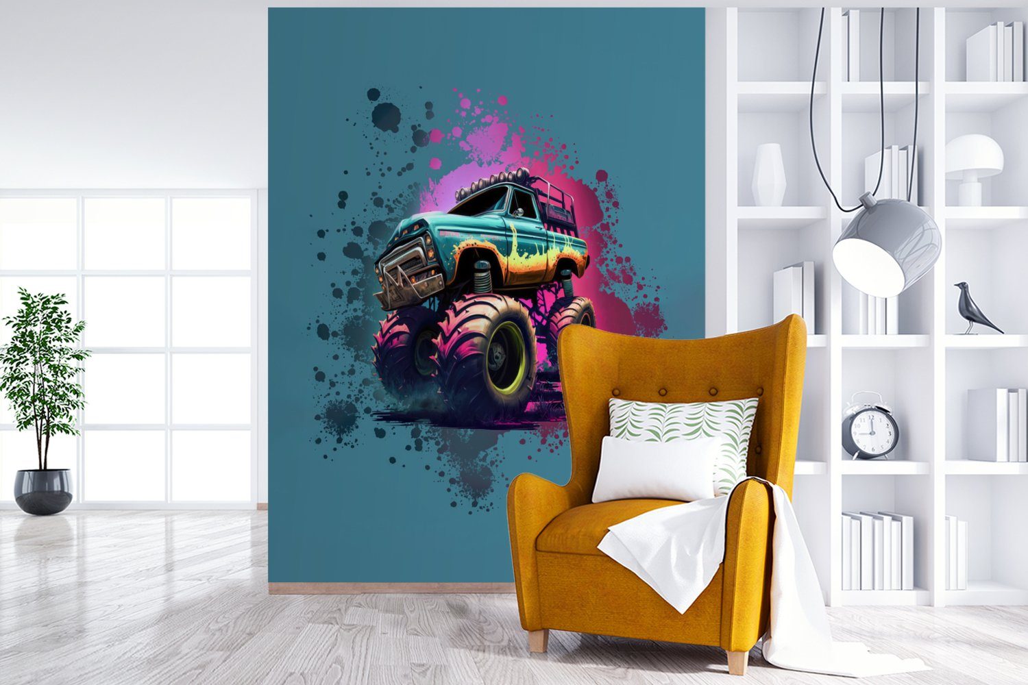 MuchoWow Fototapete Monstertruck - Wohnzimmer, St), Graffiti Vinyl (4 Wandtapete Rosa Montagefertig Matt, Farbe - bedruckt, - Neon, - für Tapete