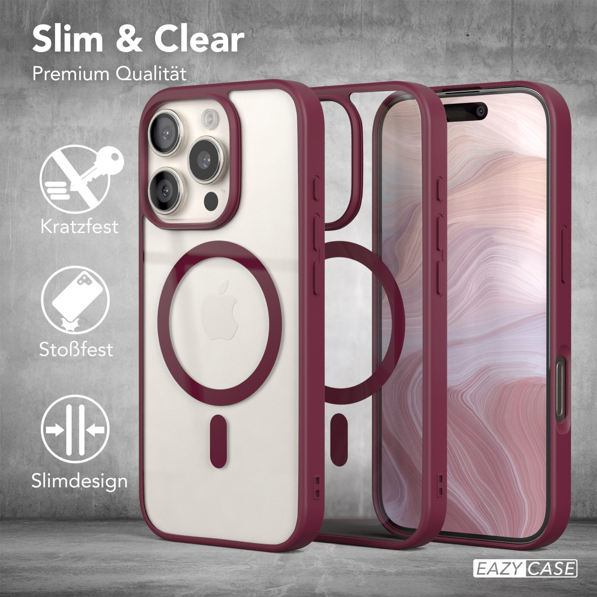 EAZY CASE Handyhülle Transparente Hülle mit MagSafe für iPhone 16 Pro 6,3 Zoll, Back Cover Slimcover mit Displayschutz, Magsafefunktion, Bumper, Beere – Bild 5 von 5