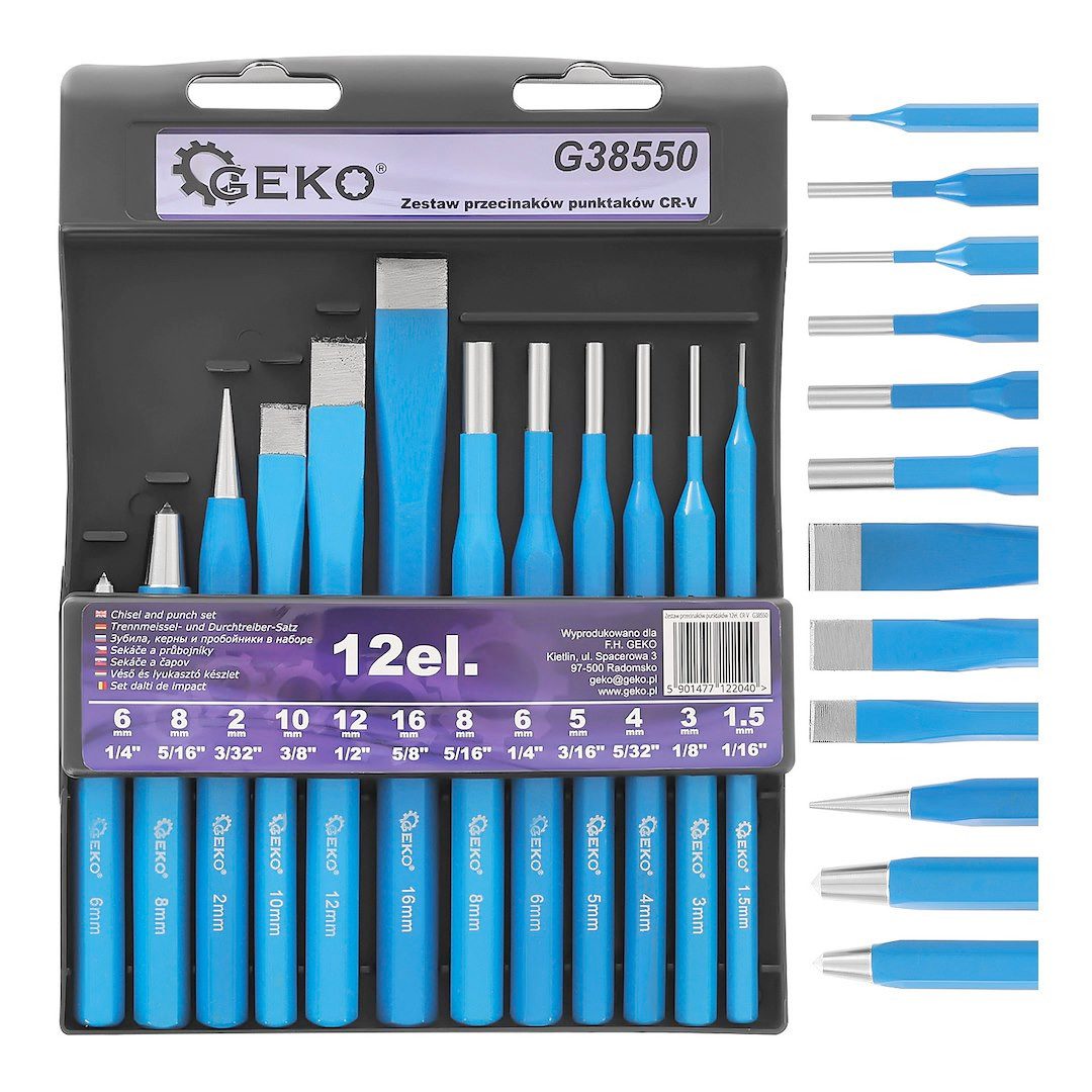 GEKO Flachmeißel 12tlg Splinttreiber Körner Flachmeißel Durchschlag Set Cr-V Stahl, (Set, 12-tlg., Set) Cr-V-Stahl, gehärtete Schlagflächen, inkl. Etui
