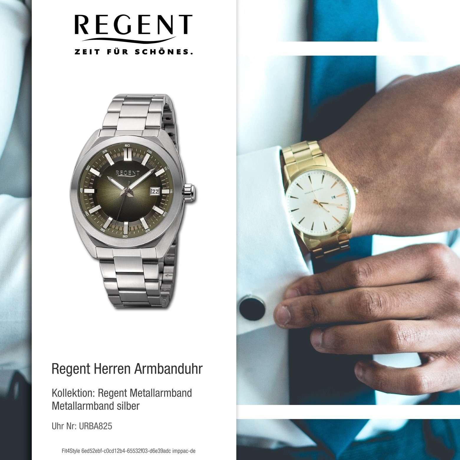 Metallarmband Quarzuhr Armbanduhr (ca. extra Regent grün 41,5mm), Regent groß Armbanduhr Herren Herren rund, Analog,