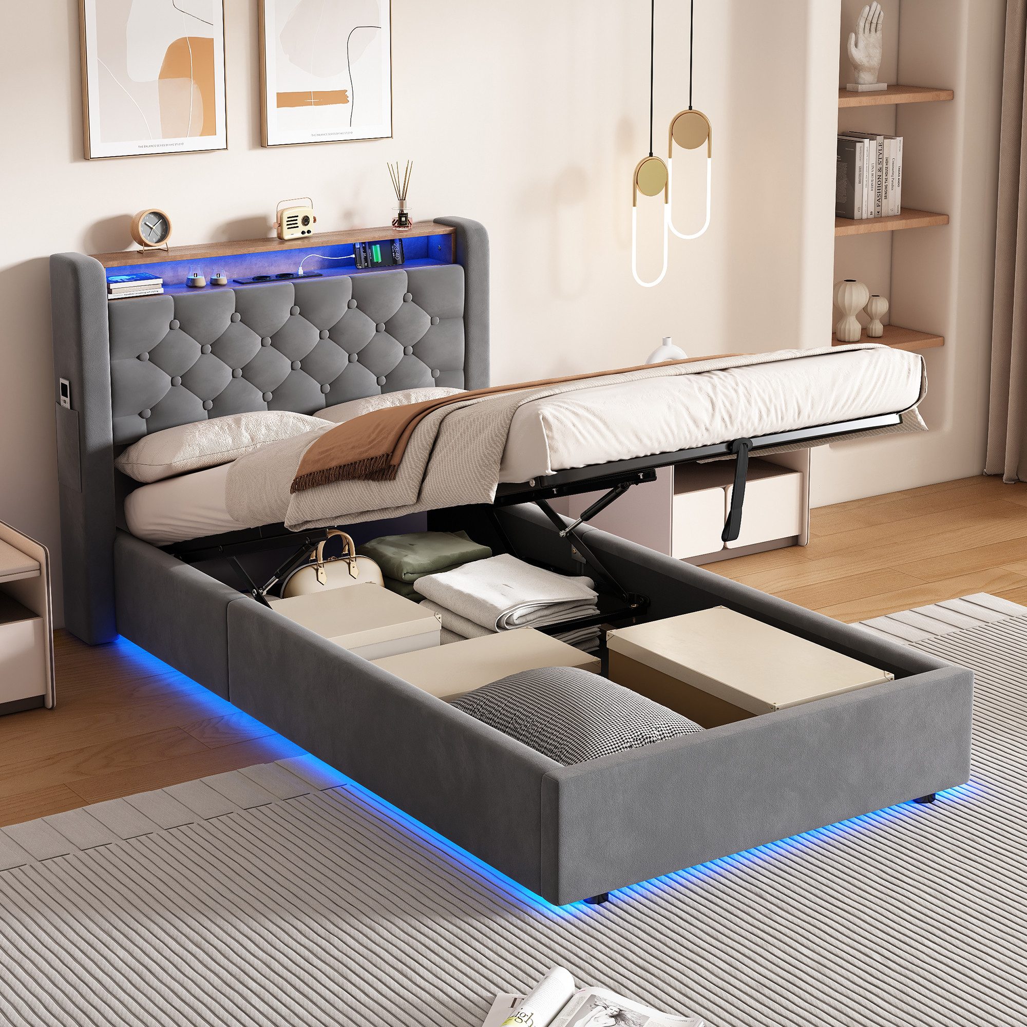 REDOM Polsterbett Hollandvelours-Bezug, mit Stauraum & Ablage (Funktionsbett, 1-tlg., Robuster Metallrahmen, Lattenrost inklusive, ohne Matratze), 90x200 cm mit LED-Beleuchtung und USB-Anschlüssen