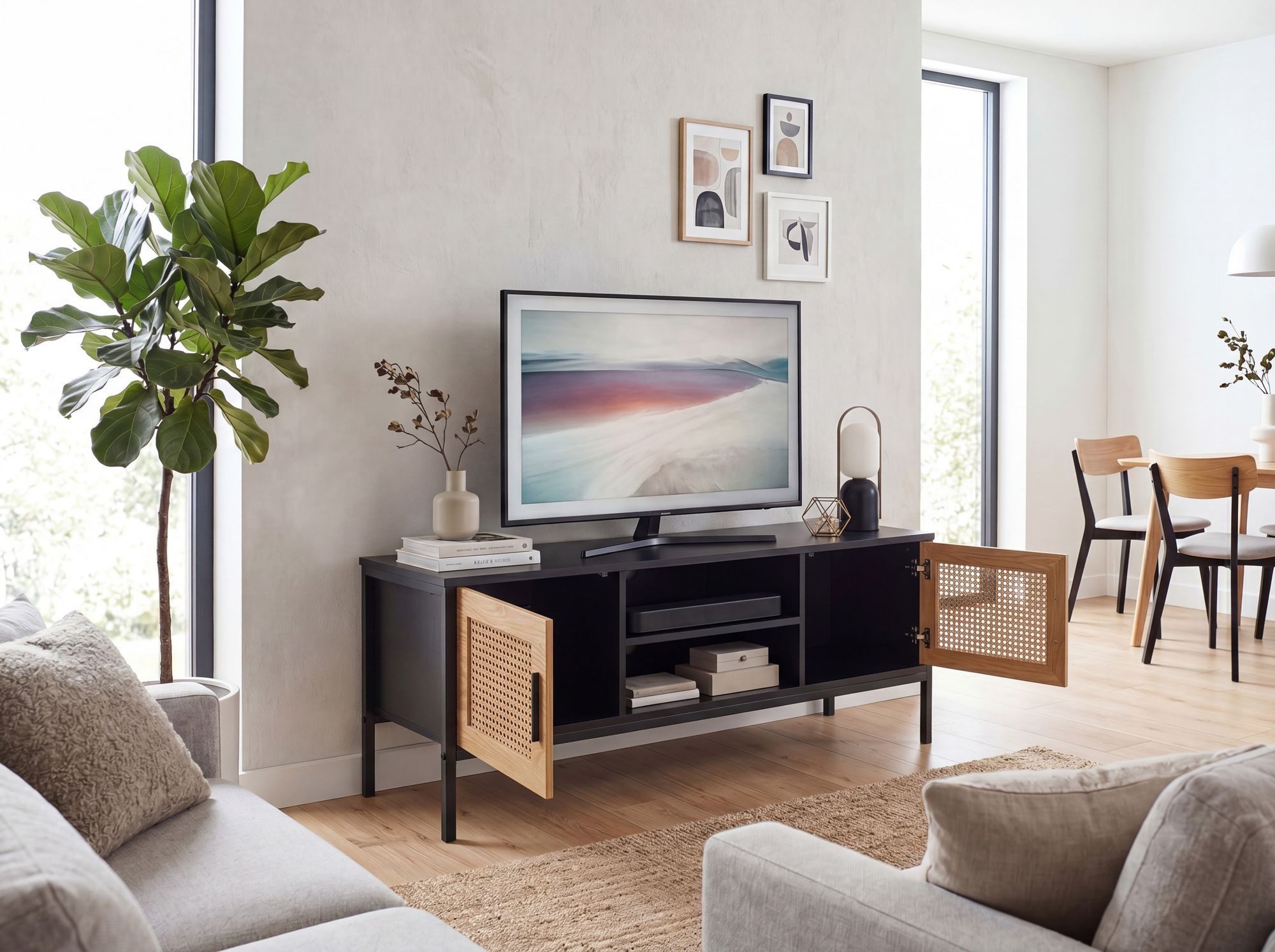 FINEBUY Lowboard FB100070 TV Schrank 110 cm Holz Schwarz Fernsehkommode Wiener Geflecht (Schwarz / Eiche, Wiener Geflecht, 110x48x40 cm), TV-Schrank Modern Fernsehtisch, TV-Kommode Hoch