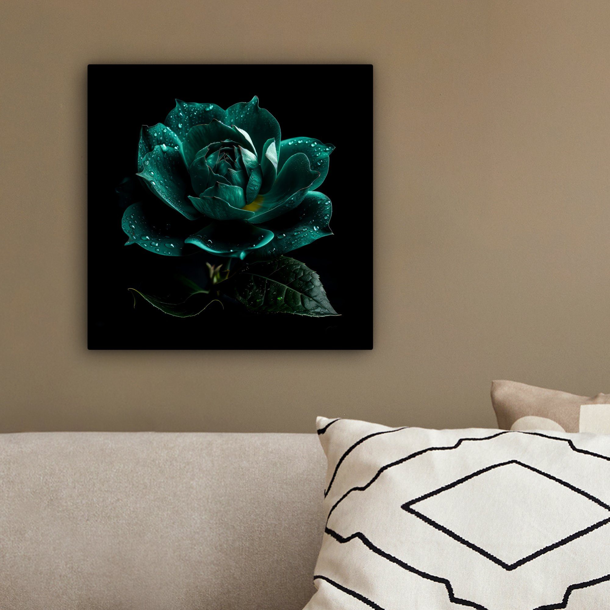 20x20 Wohnzimmer Leinwandbild Schlafzimmer, St), Blau für Schwarz, OneMillionCanvasses® - cm - Rosen Blumen Leinwand - Porträt Bilder - (1