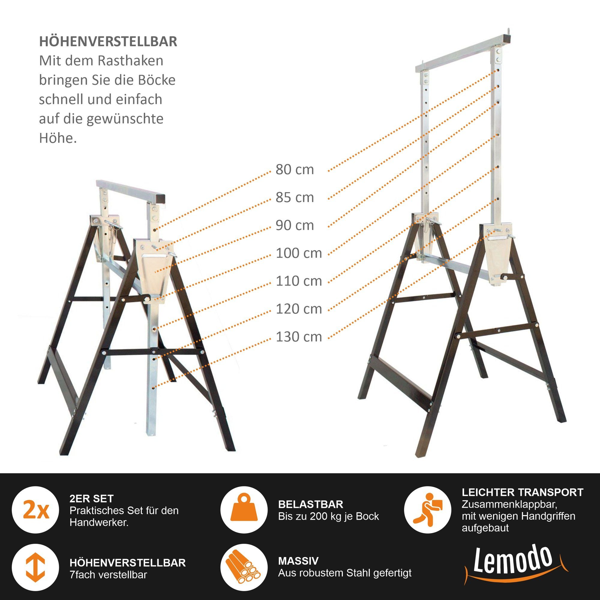 Lemodo Unterstellbock Arbeitsbock, 2er Set, klappbar und höhenverstellbar,  200 kg max. Belastbarkeit, (Set, 2er), klappbar, höhenverstellbar