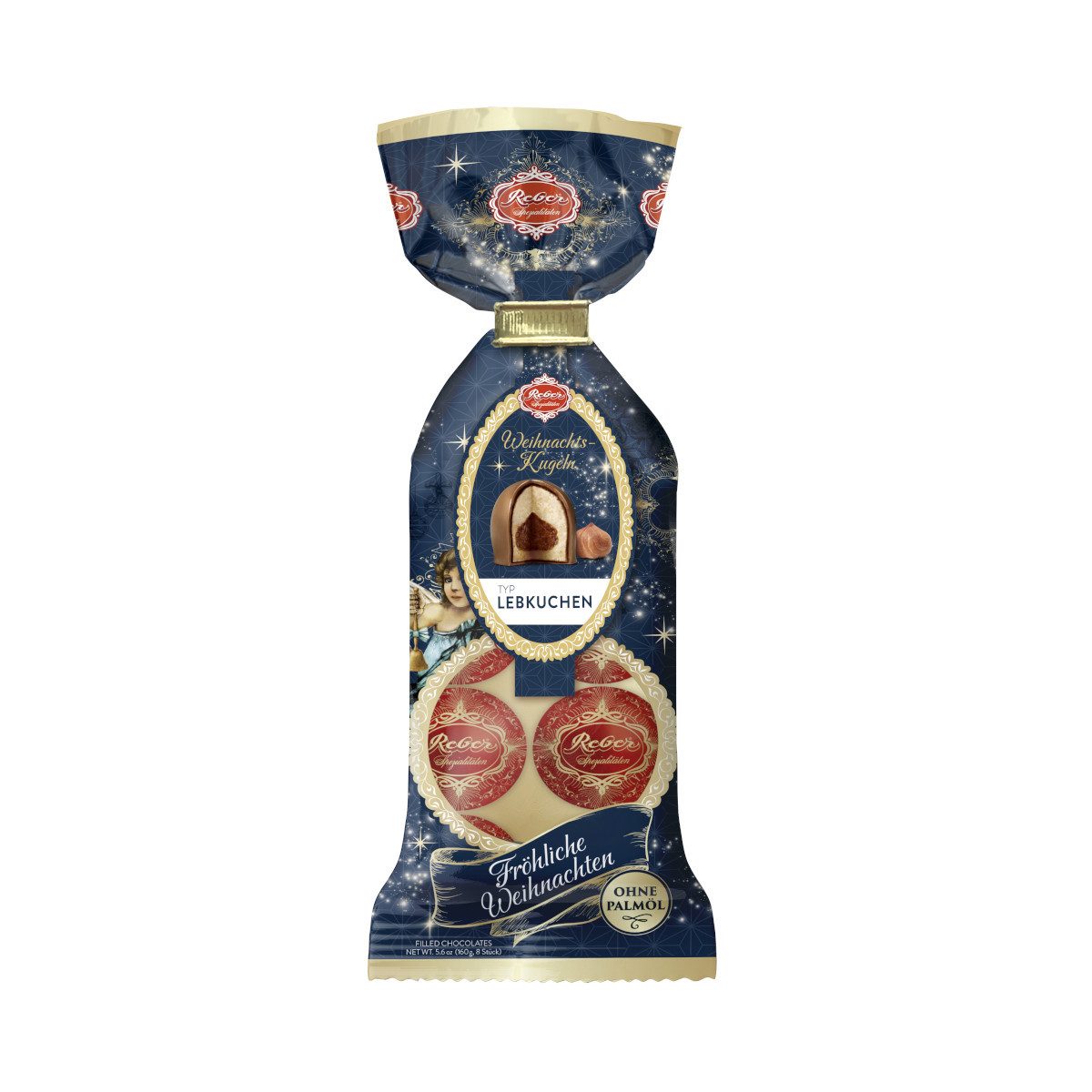 Reber Schokolade, Reber Weihnachtskugeln Typ Lebkuchen Geschmack 8 Stück Packung 160g
