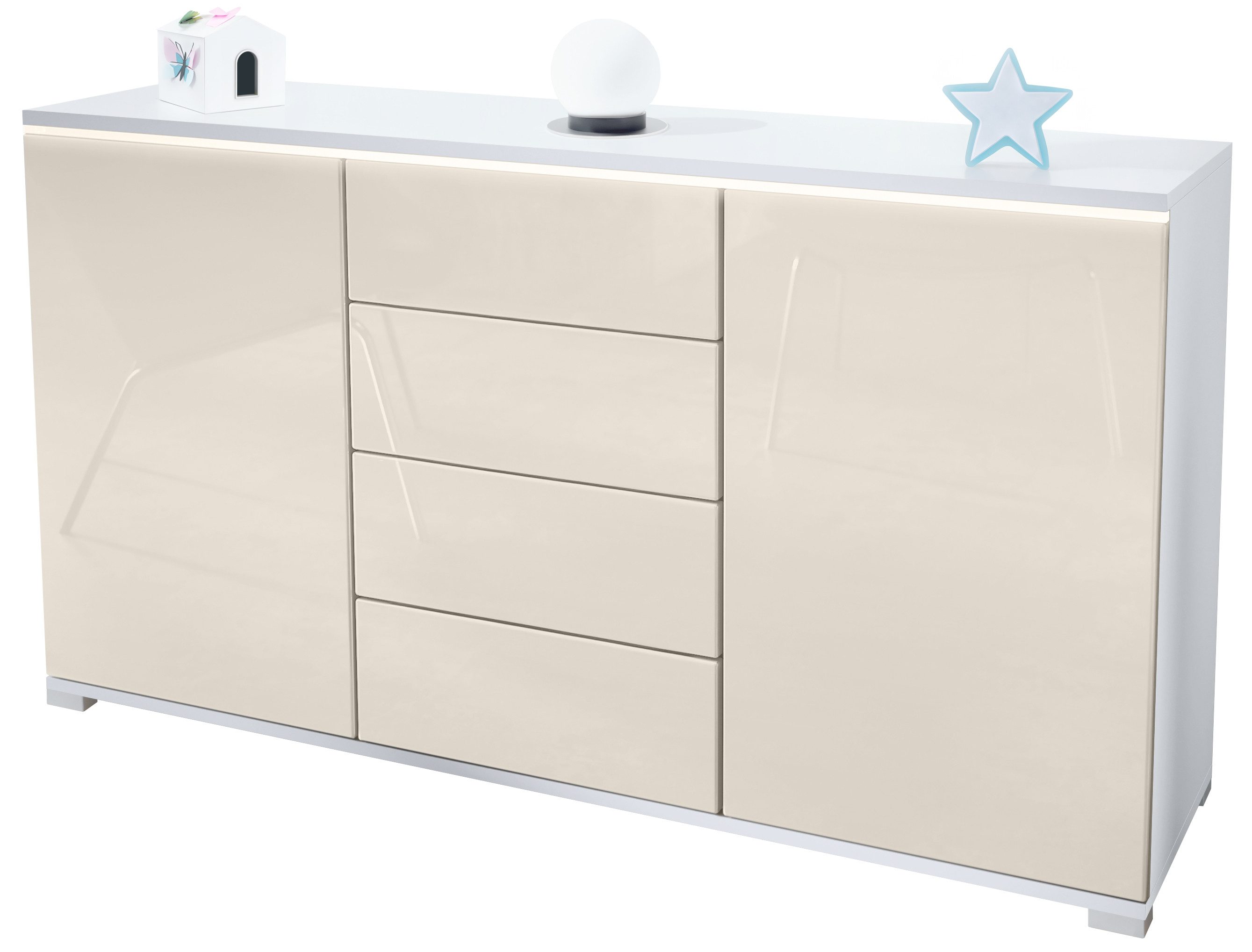 Vladon Sideboard Faro V1 (Kommode mit 2 Двери & 4 Выдвижные ящики, Schrank mit LED Lichtleiste), Weiß matt / Creme Hochglanz (138,5 x 75,5 x 35)