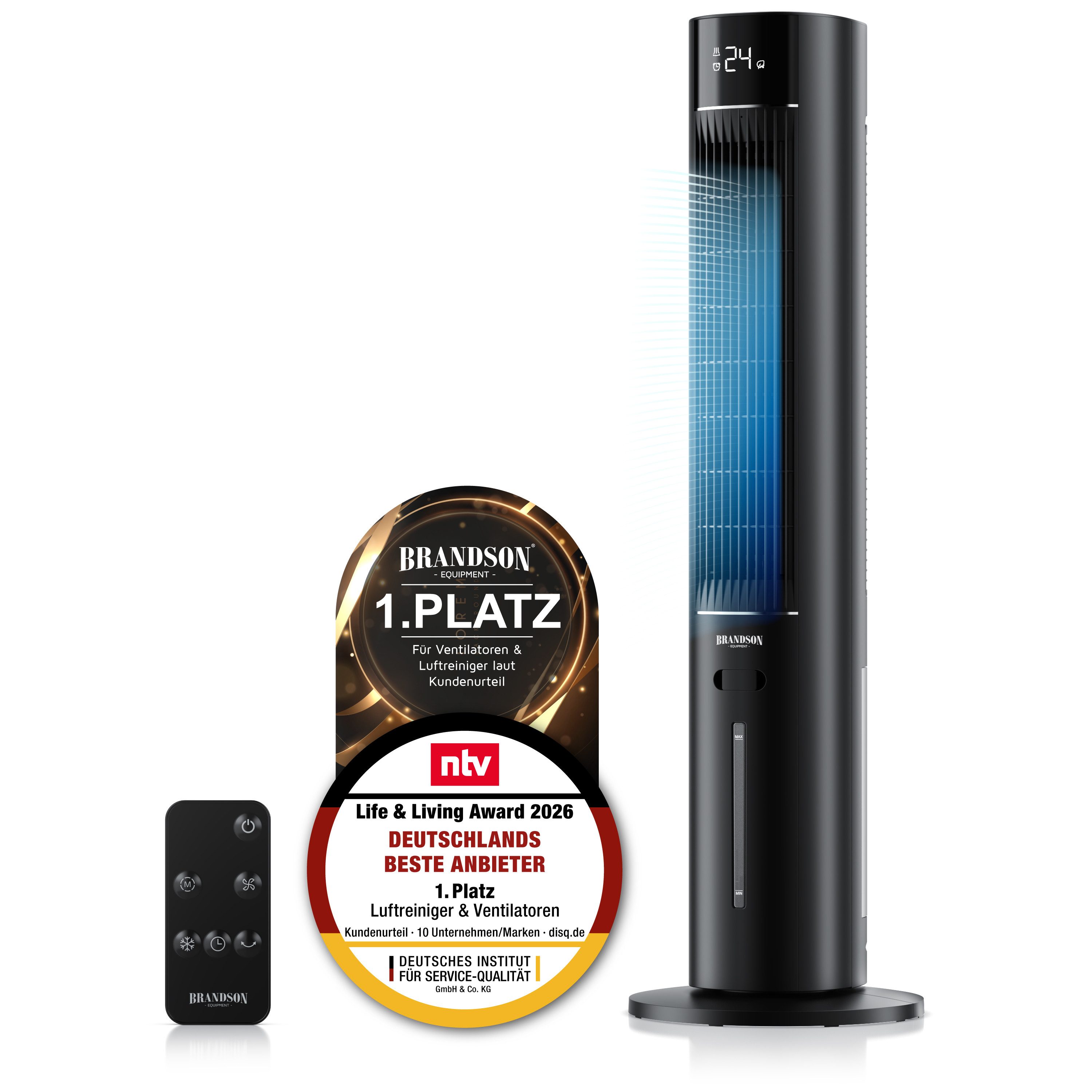 Brandson Ventilatorkombigerät Mobiler Luftkühler, 3L Wassertank, Luftbefeuchter, Verdunstungskühler, Sieger Life & Living Award 2026, 3 Modi, Autostopp, Timer, Lüfter 40W