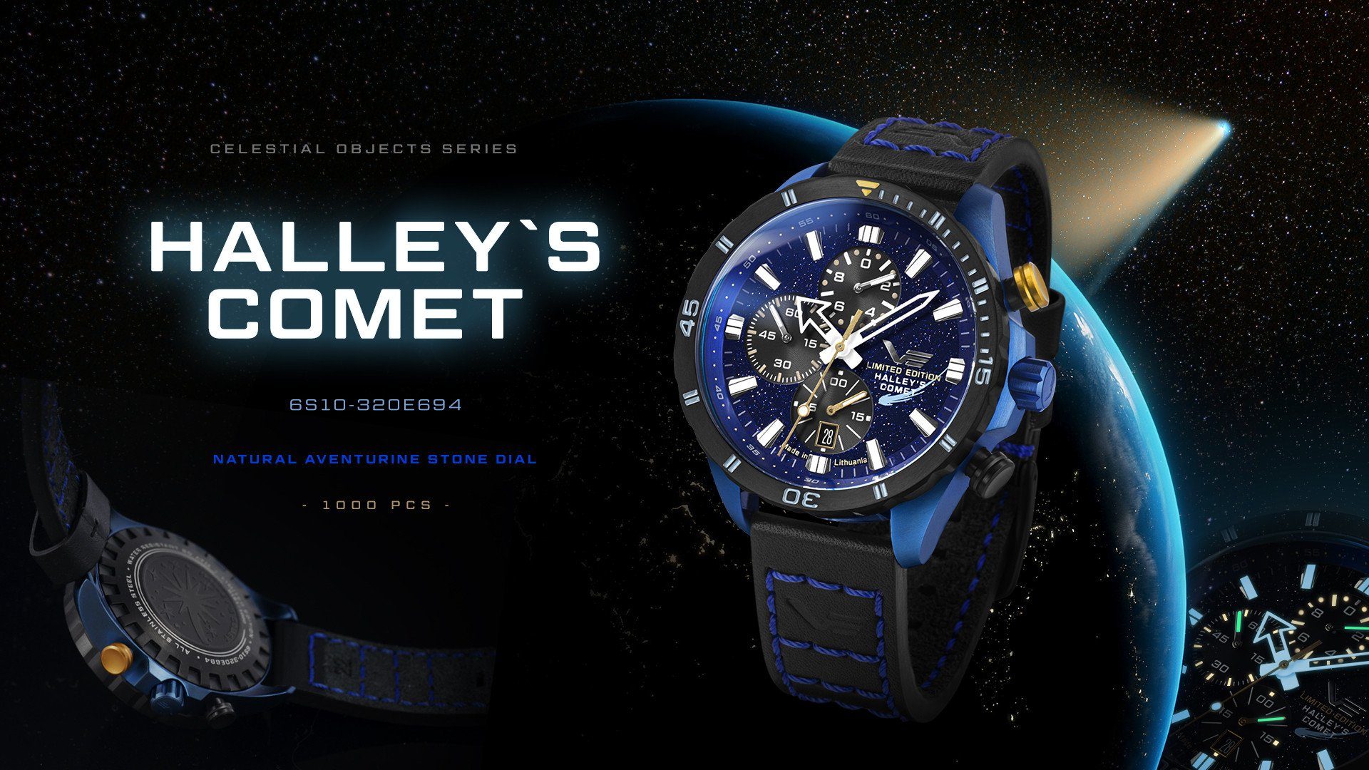 Vostok Europe Chronograph Halley’s Comet – Limitierte Edition, Herrenuhr 320E694, mit Blauem Lederband, 47 mm, Edelstahlgehäuse