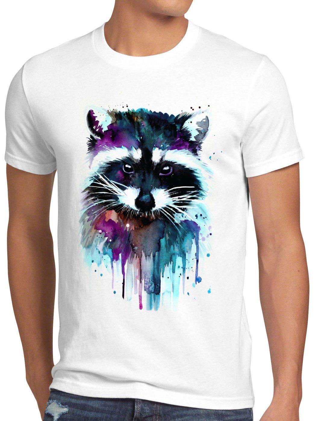 style3 Print-Shirt Herren T-Shirt Aquarell Waschbär raccoon zoo