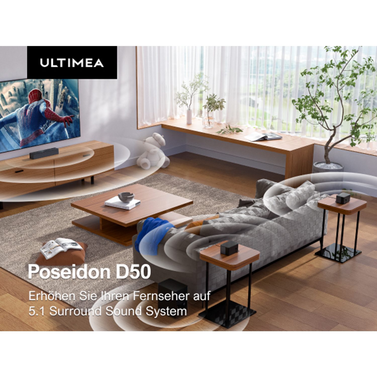 Ultimea Poseidon D50 Soundbar 5.1-Kanal-Surround-Sound (HDMI, 320 W, Mit Subwoofer und Rear-Lautsprechern, Surround und Bass Einstellbare)