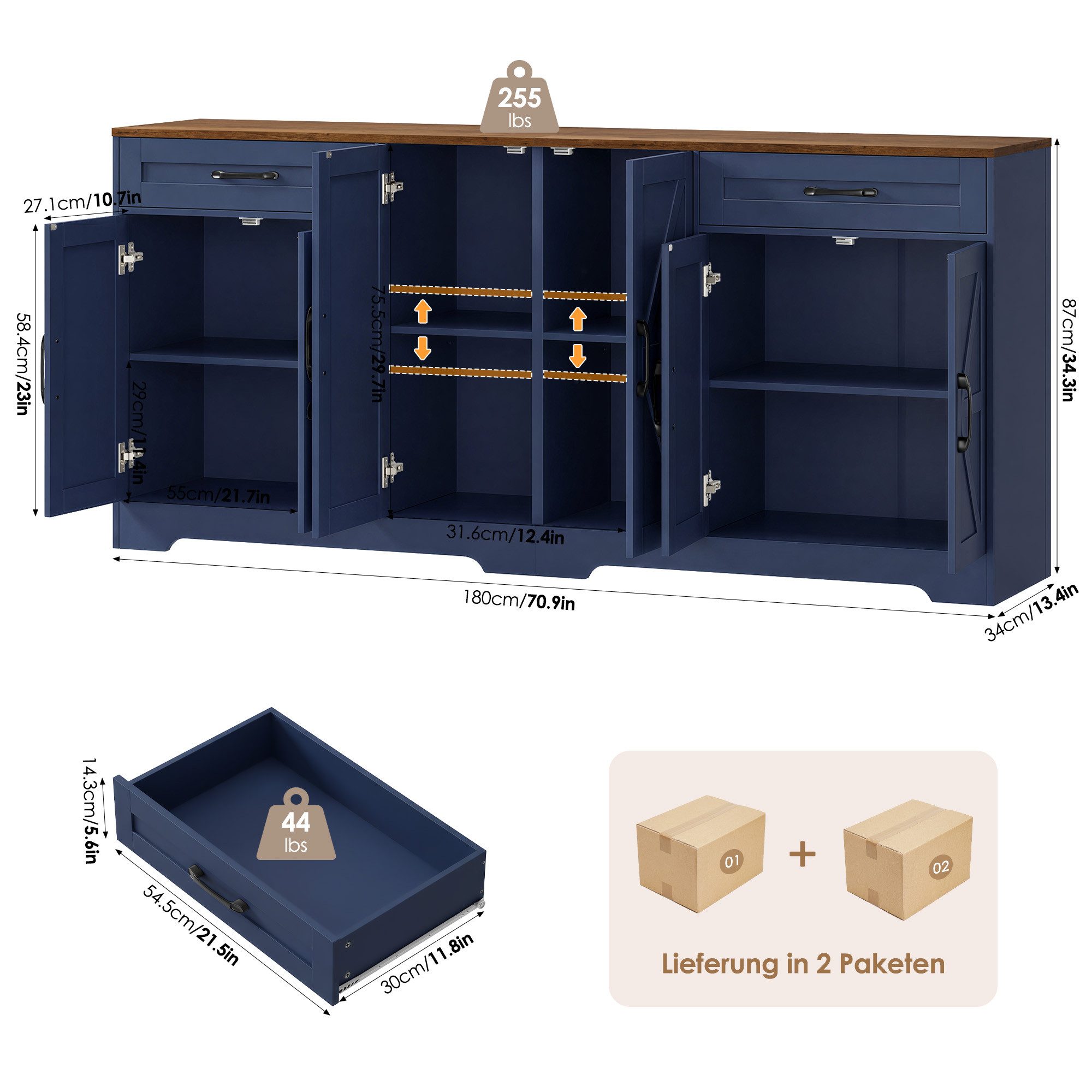 HOMECHO Sideboard, 180 cm breit Küchenschrank mit Arbeitsplatte, 6 Türen und 2 Schubladen