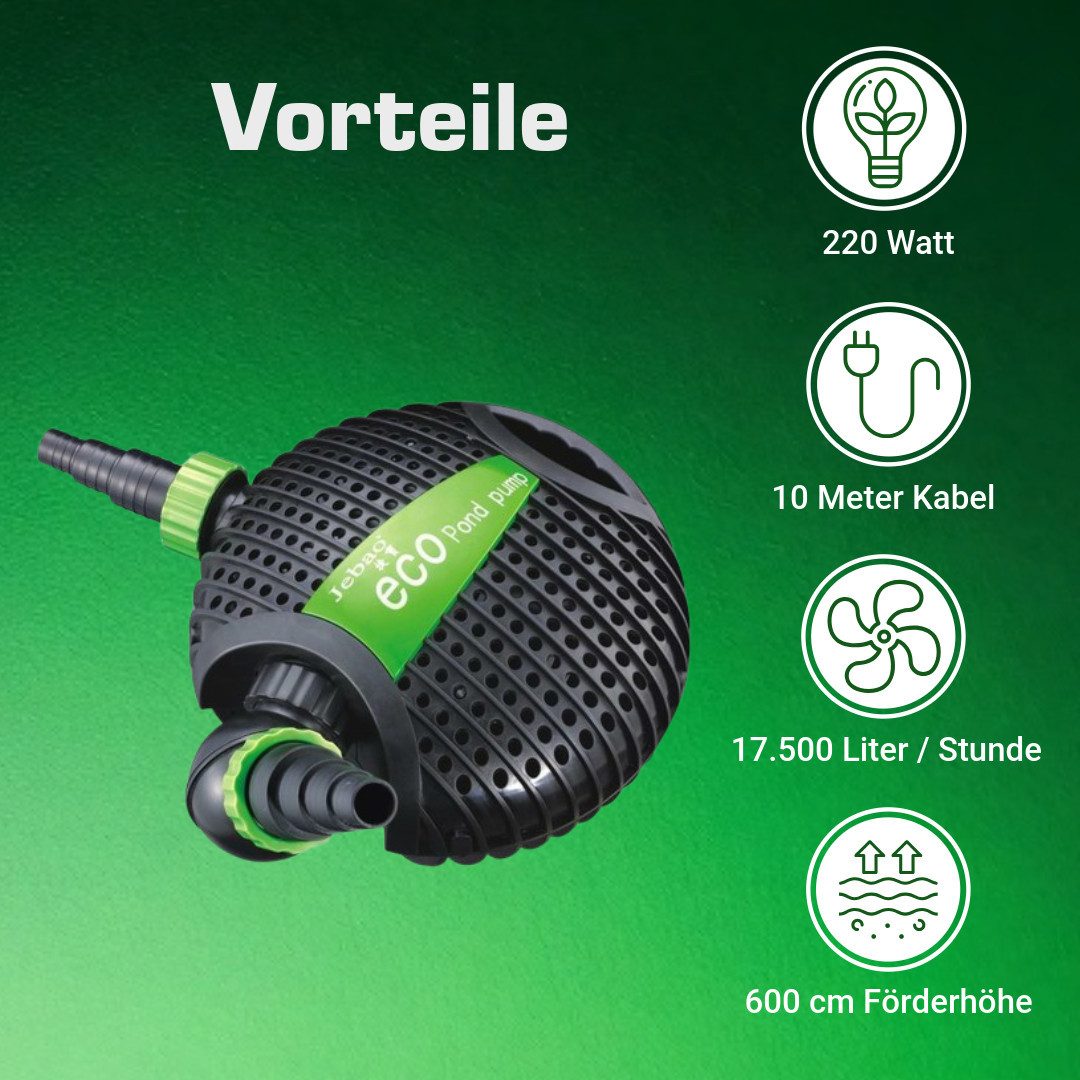 INTERGARDEN Teichpumpe Jebao 17.500L/H, 10m Kabel, 600cm Förderhöhe, 220W, Motorschutz
