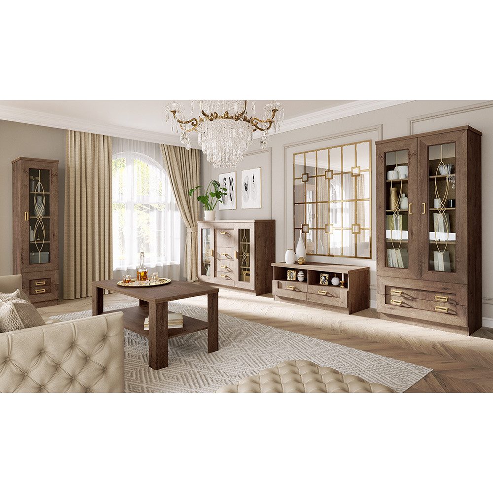 Lomadox Wohnzimmer-Set TEORA-161, (Mega-Spar-Set, 5-St., Vitrine Vitrinenschrank Lowboard Sideboard Couchtisch), in Lefkas Eiche Vitrinentüren mit Verzierung rustikal Metallgriffe