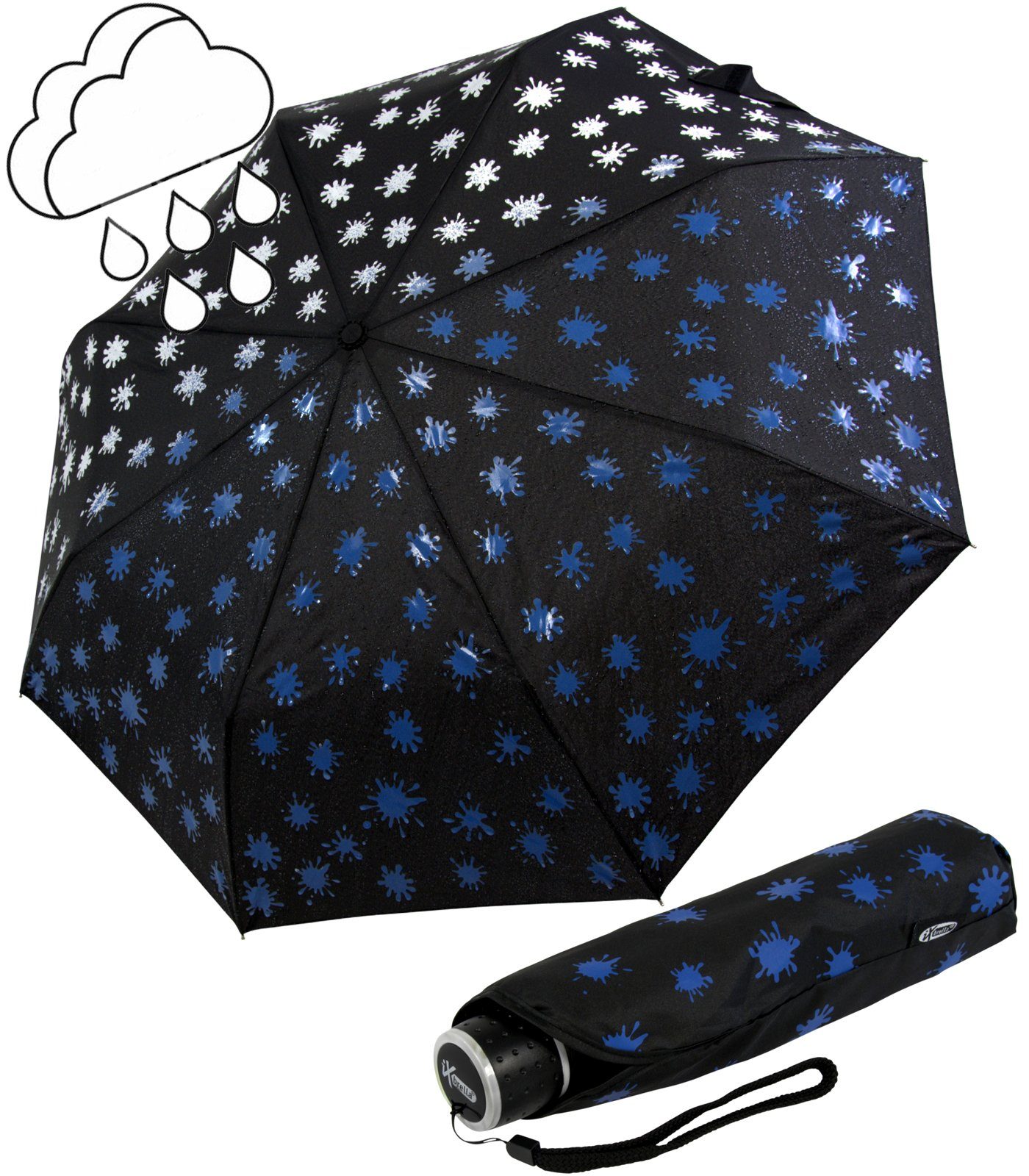 iX-brella Taschenregenschirm Mini Ultra Light - mit großem Dach - extra leicht, Farbänderung bei Nässe - Farbkleckse blau schwarz-weiß-blau