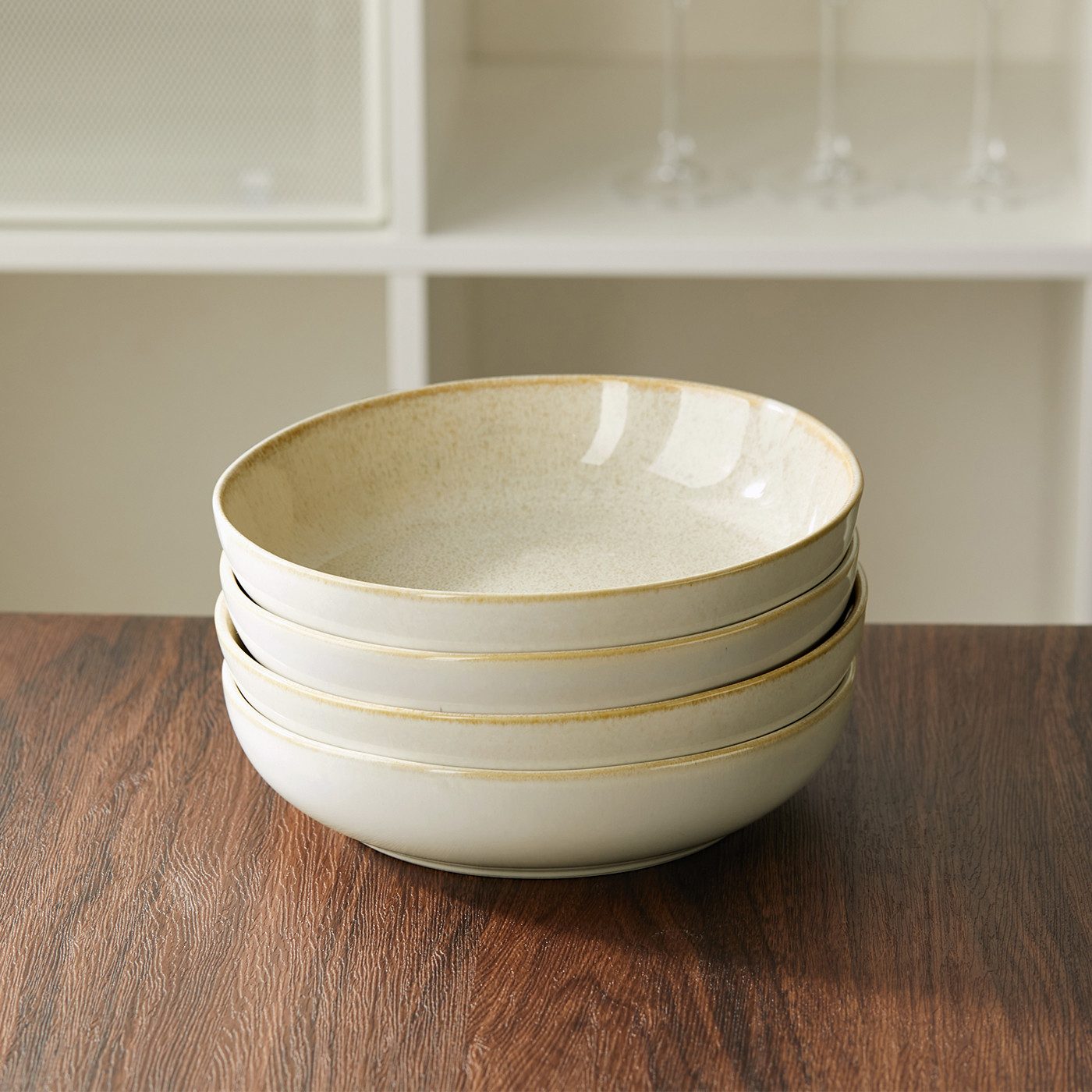 JIWOO Suppenteller 4er Ø21,9cm, Speiseteller Pastateller Salatteller Dessertteller Plate, (4 St), Keramik Hochwertiges Tellerset Braun Mikrowellenofen Spülmaschine