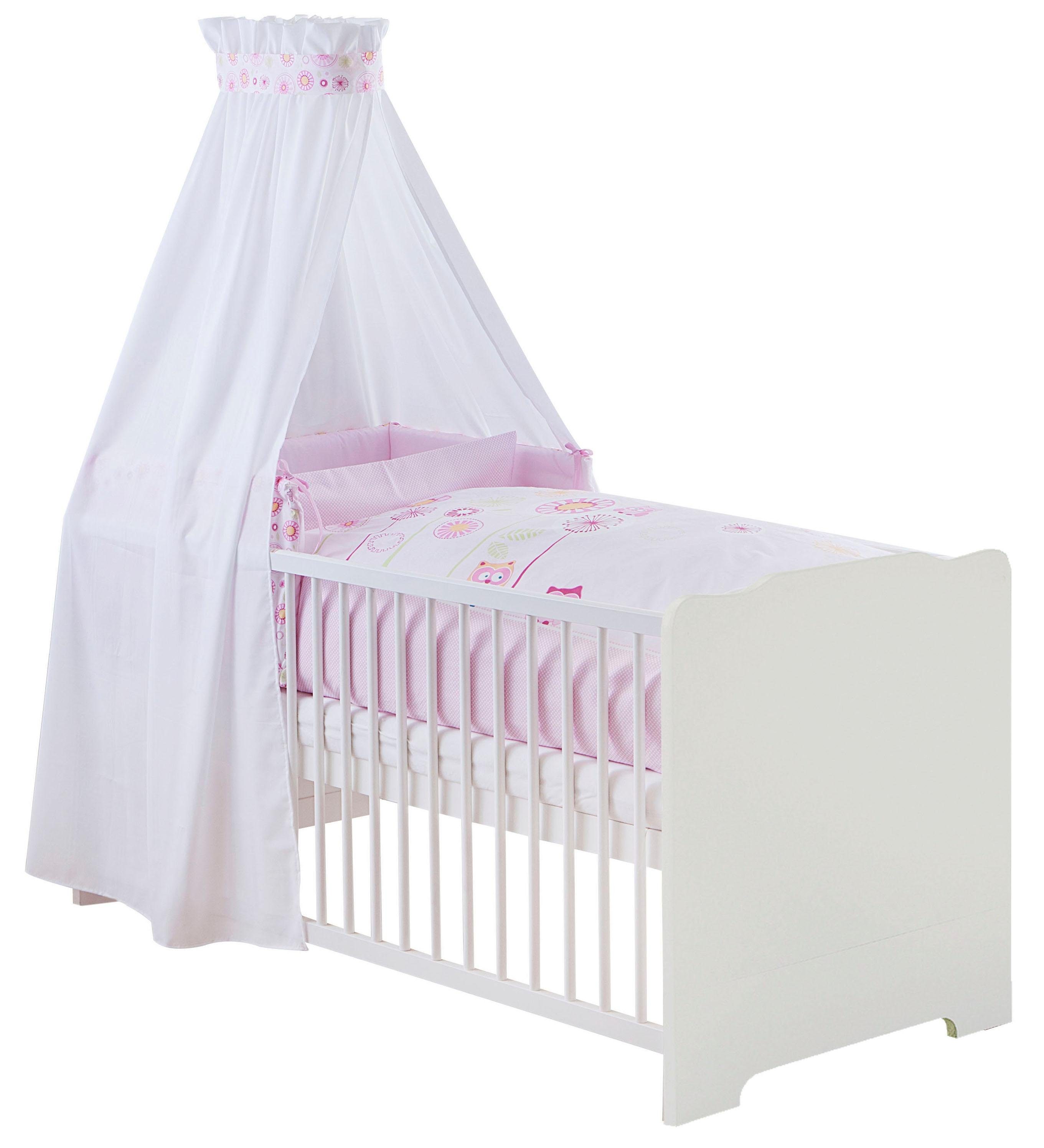 Babybett RAD mit 10tlg Komplettset Bettwäsche Matratze Himmel Herzchen rosa 