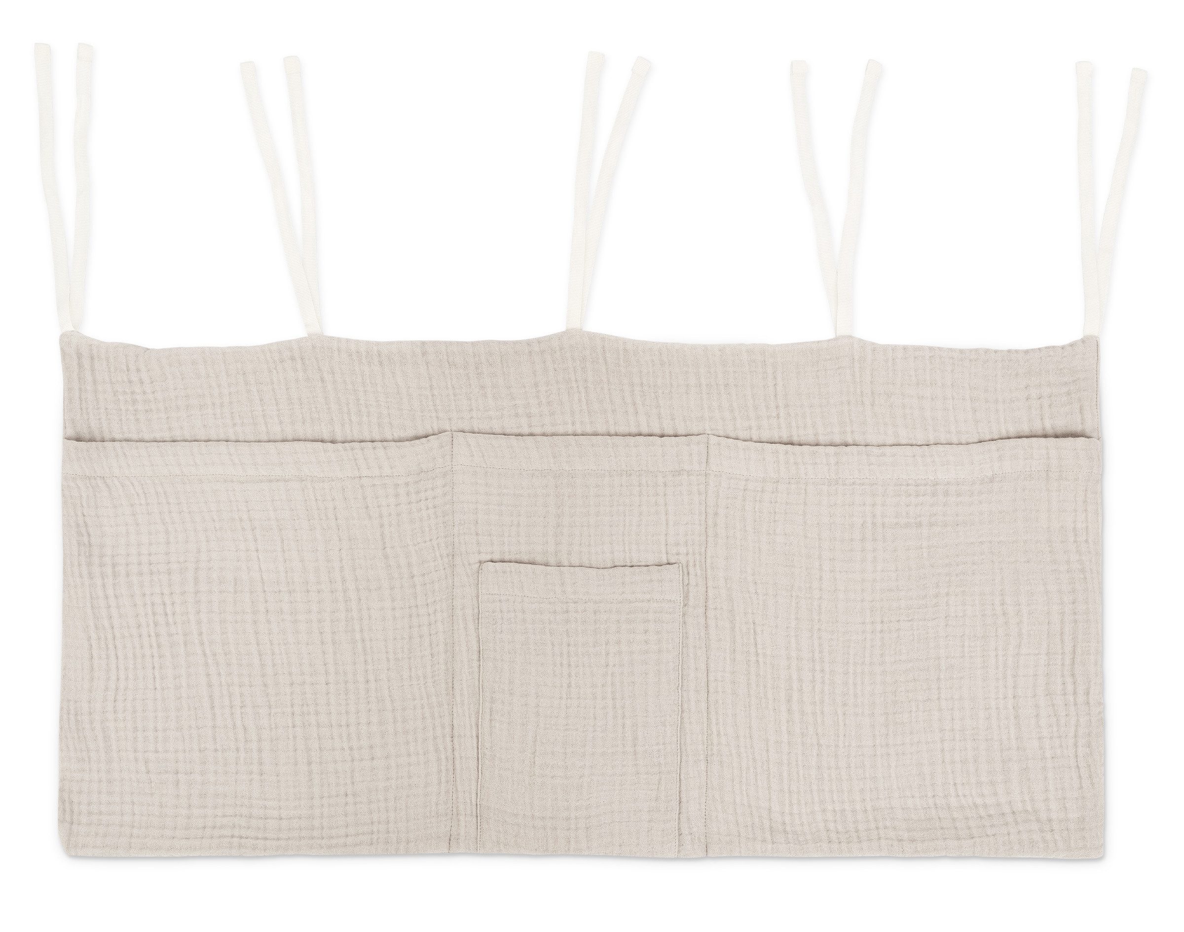 Ehrenkind Hängeaufbewahrung Bett Organizer, Praktische Betttasche für Ordnung am Bett (einfache Befestigung, 4-lagigen Bio-Musselin), Bettaufbewahrungstasche für Bücher & Kuscheltiere