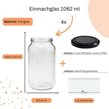 mikken Einmachglas 4x Einmachglas 1062 ml mit Deckel, Deckel in verschiedenen Farben