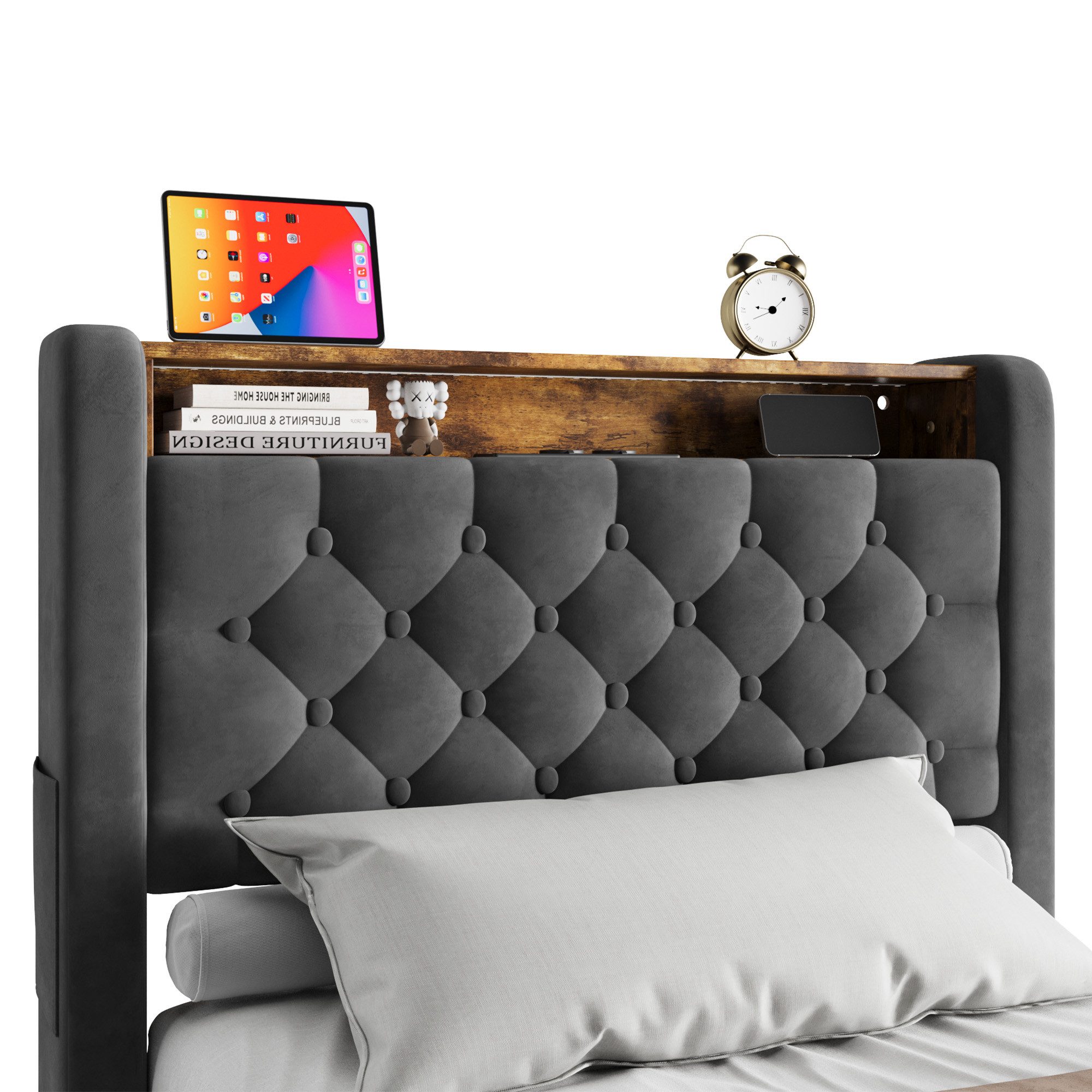 HAUSS SPOLE Polsterbett Stauraumbett Boxspringbett Jugendbett mit Bettkasten & Kopfteil (90×200 Einzelbett Kinderbett mit Stauraum und klappbarem Kopfteil), Bettrahmen ohne Matratze für den täglichen Komfort